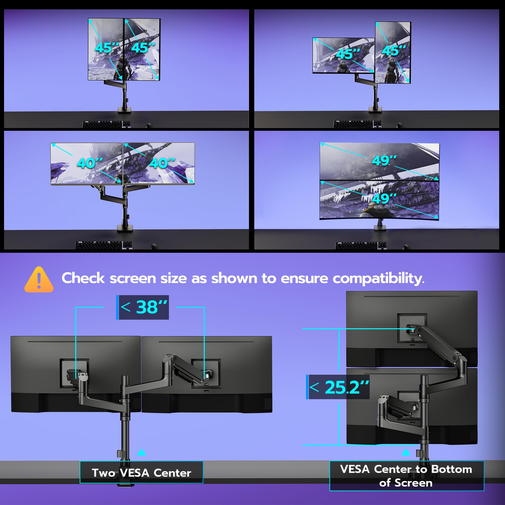 ARES WING Dual Monitor Arm Desk Mount - Heavy Duty Gas Spring Stand for 17 to 49 Inch Ultrawide Screens (Up to 44 lbs) - Vertical Stacking Full Motion VESA 75x75/100x100 Mount - Black - Perfect for Home Office, Gaming Setup & Workspace Ergonomics