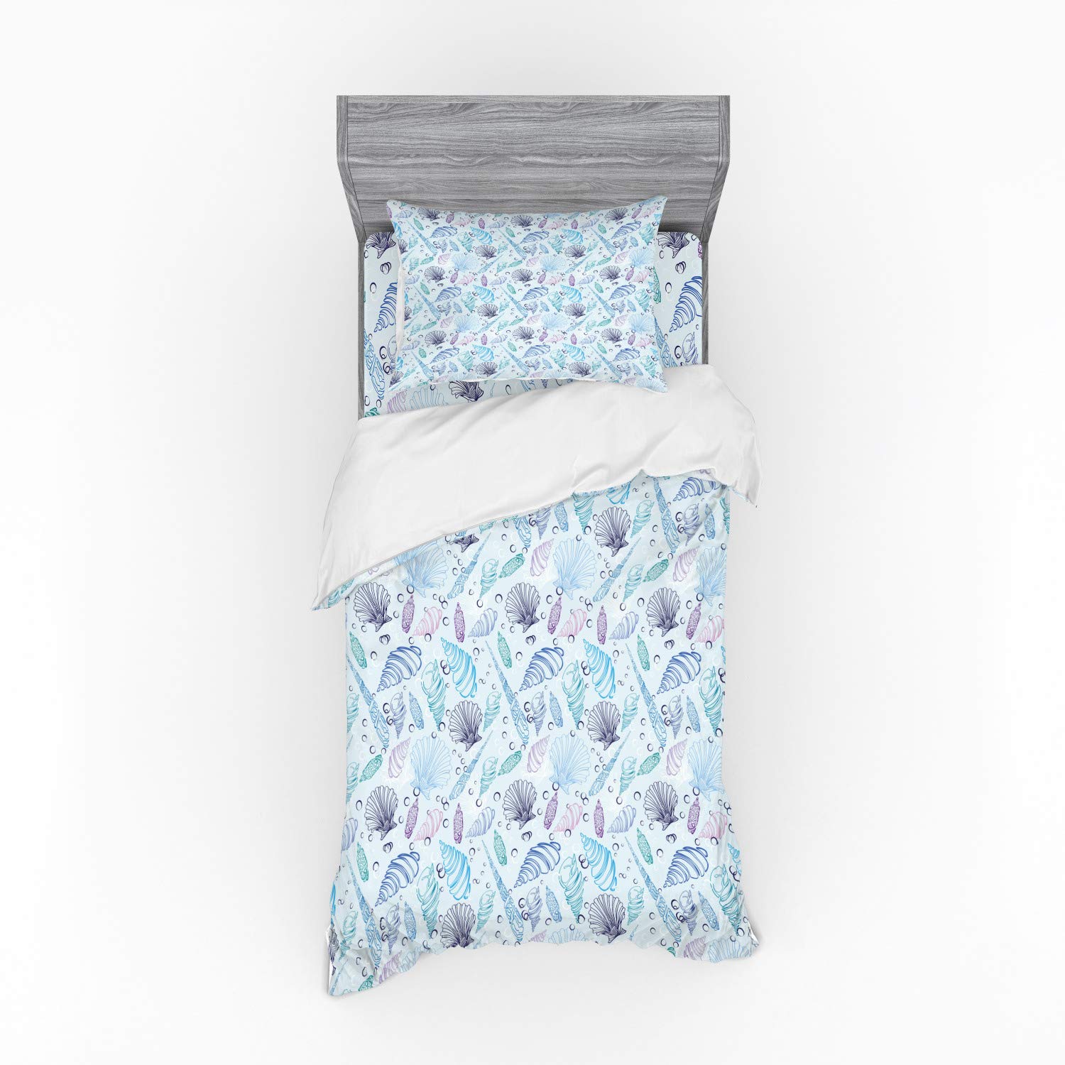 Ambesonne Nautical Duvet Cover Set - Sea Shell & Underwater Bubbles Ocean Print 3-Piece Bedding Set with Sham & Fitted Sheet, Twin XL Size, Indigo Pale Blue Purple | Coastal & Beach Themed Bedroom Decor for Guest Rooms & Vacation Homes