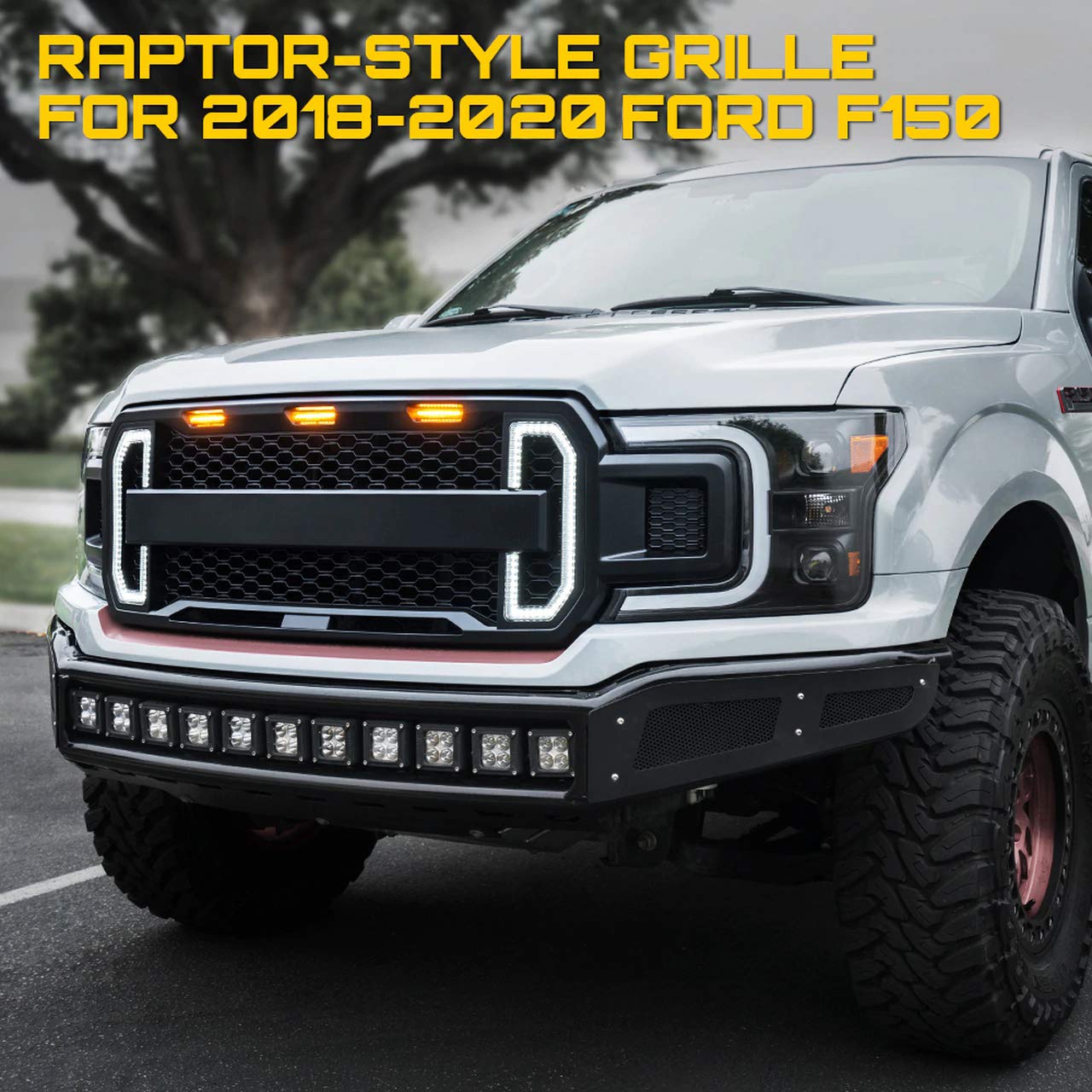 Ford F-150 2018-2020 Front Grill Mesh Grille Replacement with DRL, Turn Signal & 3 Amber LED Lights (Matte Black) - Perfect for Off-Roading, Truck Customization & Enhanced Style