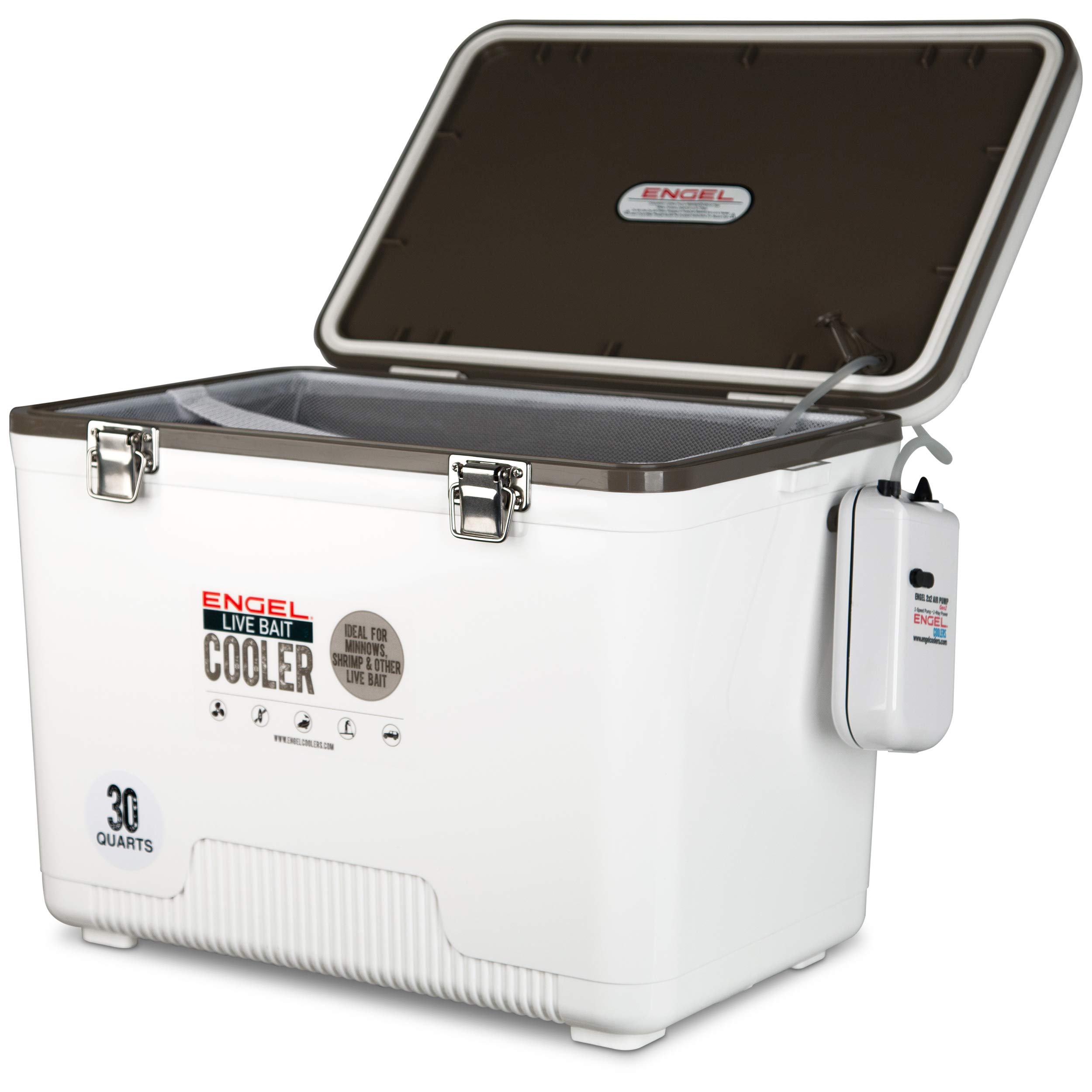 Engel Live Bait Cooler with 2-Speed Aerator Pump - Portable Fishing Bait Station for Shrimp, Minnows & Live Fish - Ideal for Kayak, Boat & Ice Fishing - ENGLBC-N