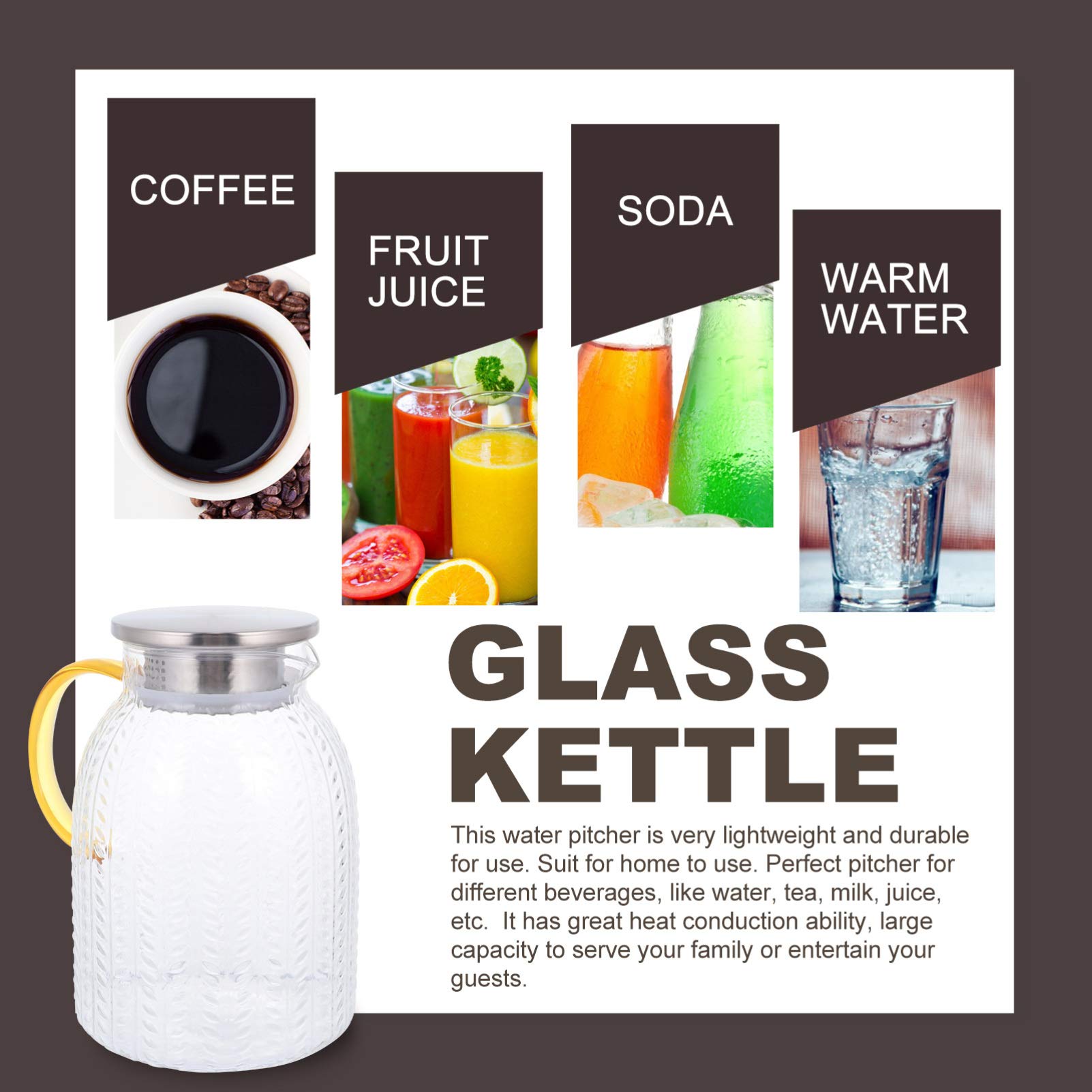 Premium Glass Cold Water Jug - 2L Large Capacity, BPA-Free, Fashionable & Durable Glass Pitcher for Iced Tea, Lemon Water & Infused Drinks - Perfect for Refrigerator, Parties & Outdoor Picnics