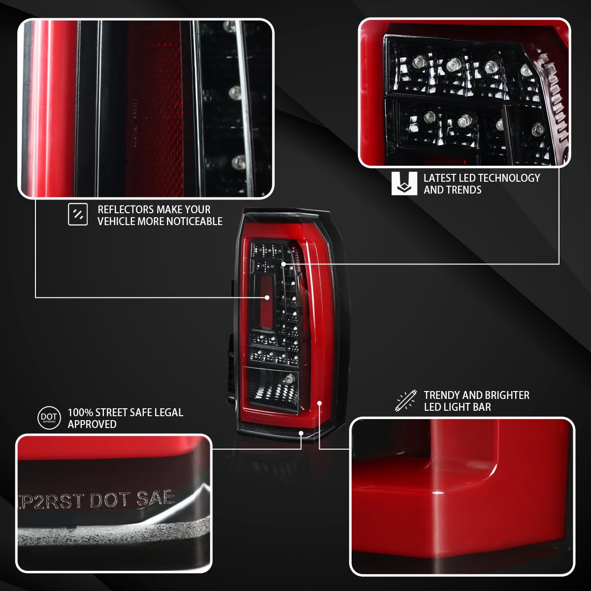 AUTOZENSATION LED Tail Lights Compatible with Chevy Tahoe Suburban 2015-2020 Models - Left & Right Pair Assembly (Jet Black Housing, Red LED Bar) - Perfect for Night Driving & Custom Car Upgrades