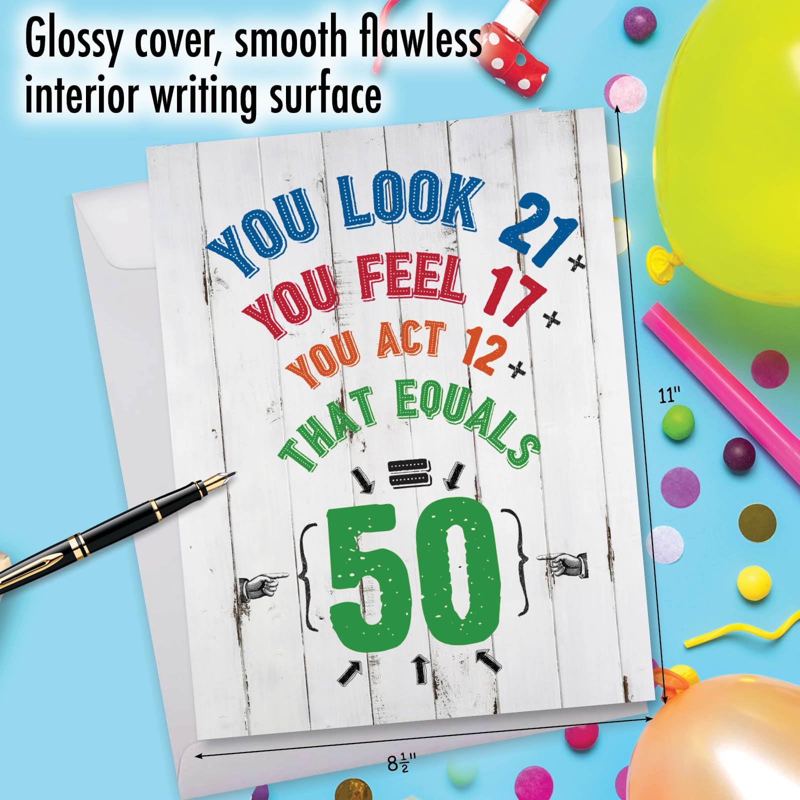 NobleWorks Funny 50th Birthday Card - 8.5 x 11 Inch Milestone Notecard with Age Equation Design - Perfect for Group Celebrations, Office Parties & Special Birthday Wishes (J7195MBG-US)