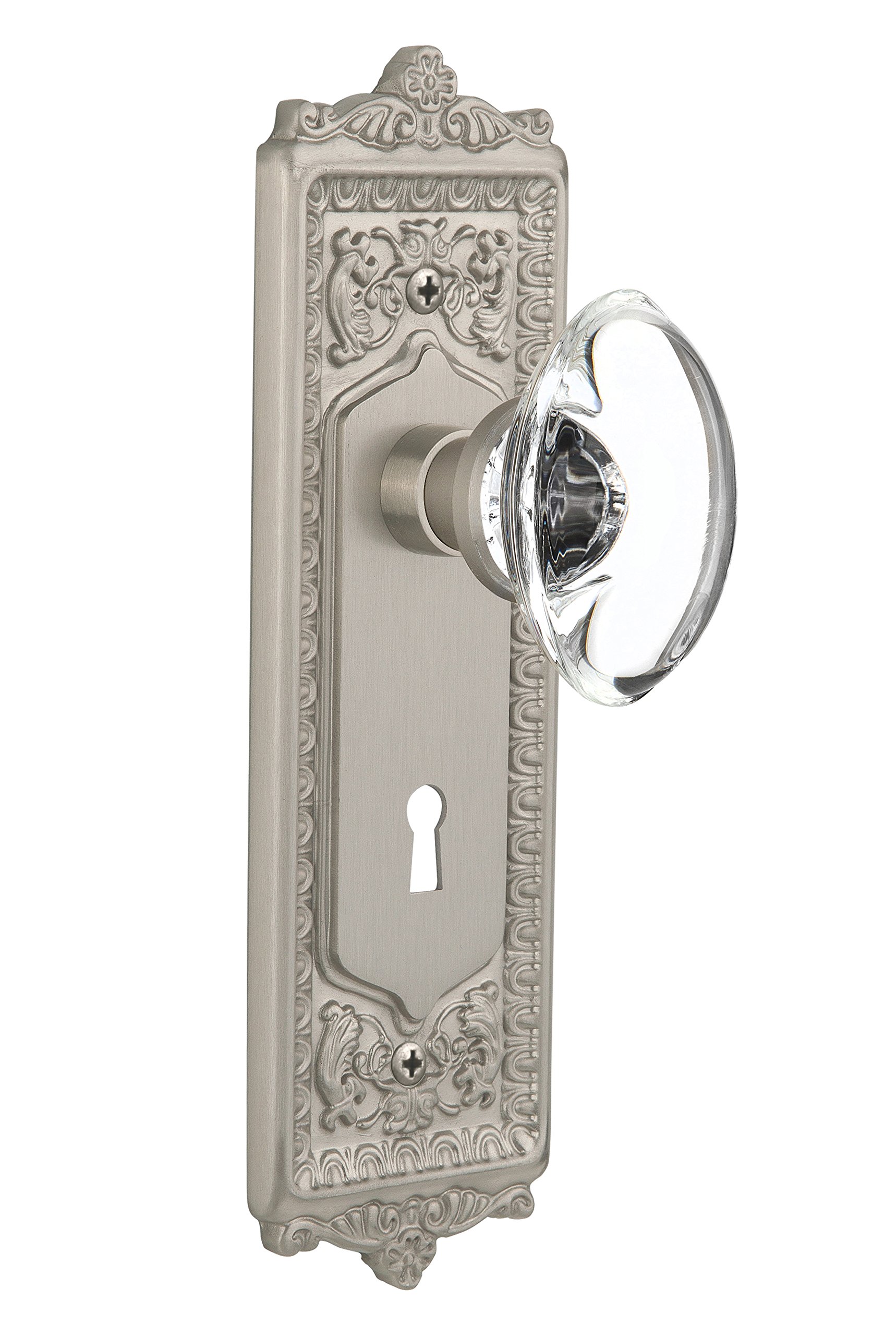 Vintage Double Dummy Satin Nickel Egg & Dart Plate with Keyhole Oval Clear Crystal Glass Knob - Nostalgic Warehouse 711578 - Perfect for Antique Cabinet & Dresser Drawer Hardware Upgrade