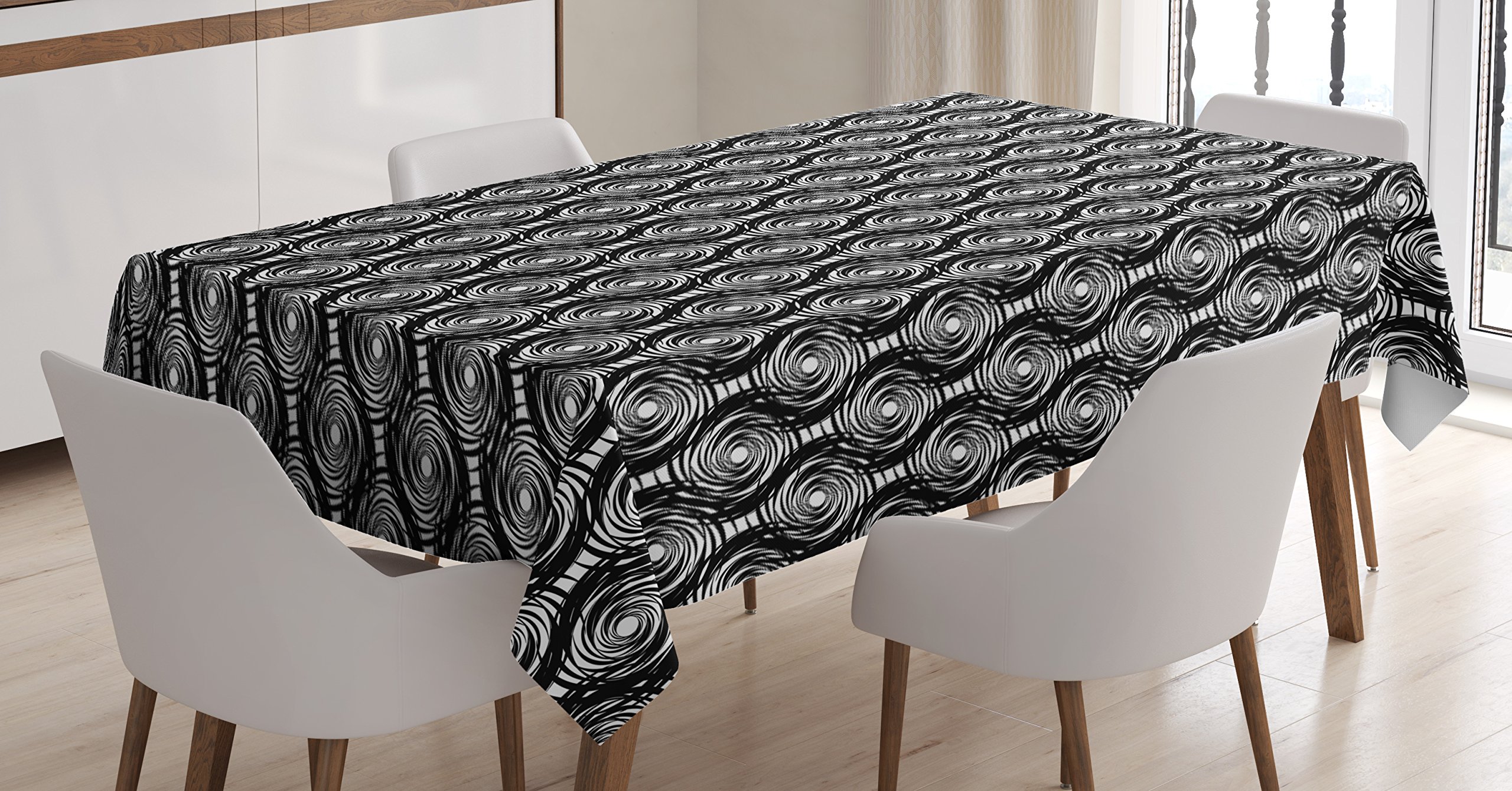 Ambesonne Starry Night Tablecloth - Black and White Monochrome Round Spiral Pattern with Swirls, Modern Art Inspired Rectangular Table Cover for Dining Room & Kitchen Decor, 60