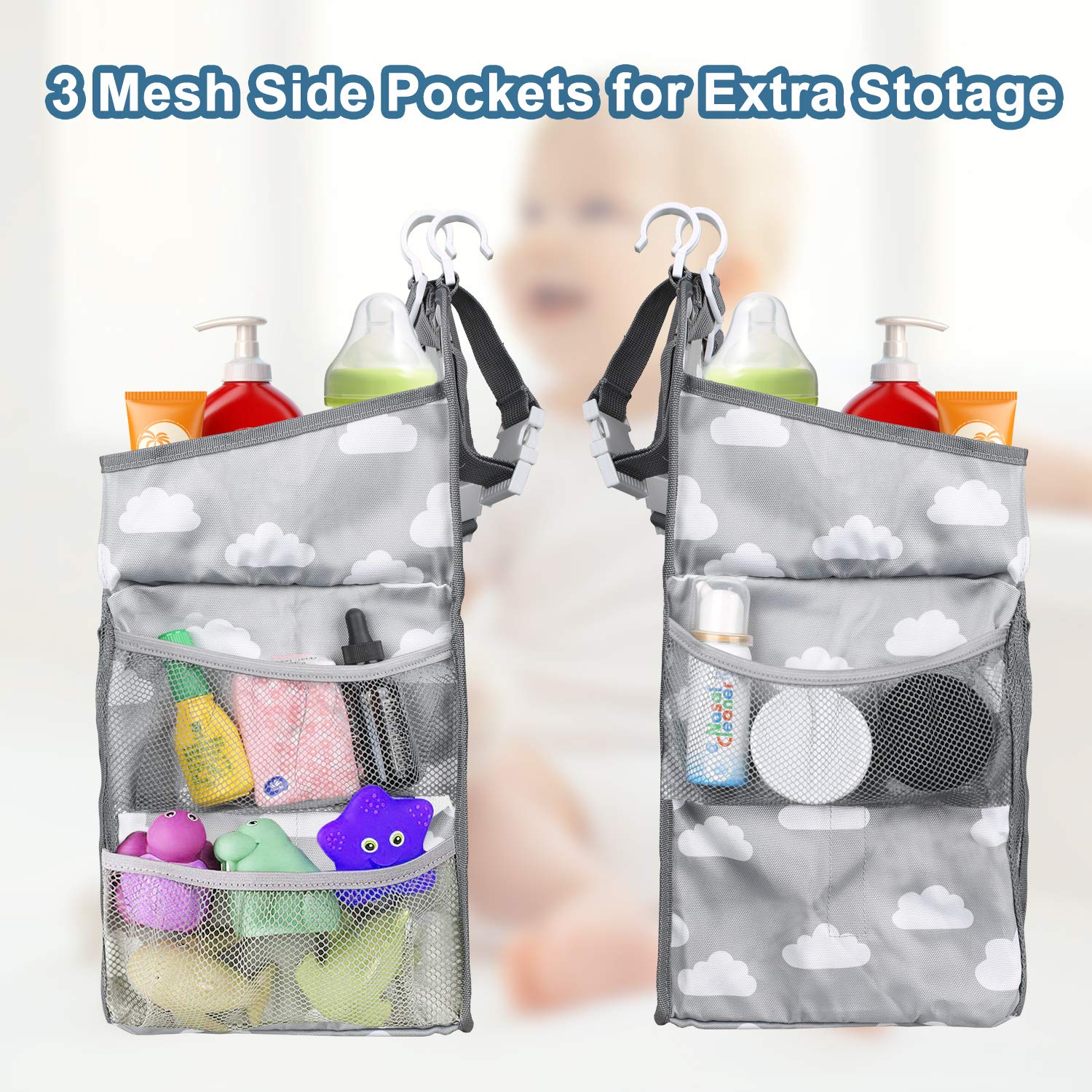 Hanging Diaper Caddy Organizer for Baby Nursery - Grey Storage Bag with Multiple Pockets for Diapers, Wipes & Baby Essentials | Perfect for Crib, Changing Table, Playard & Wall Mount | Ideal Baby Shower Gift & Bedside Organizer