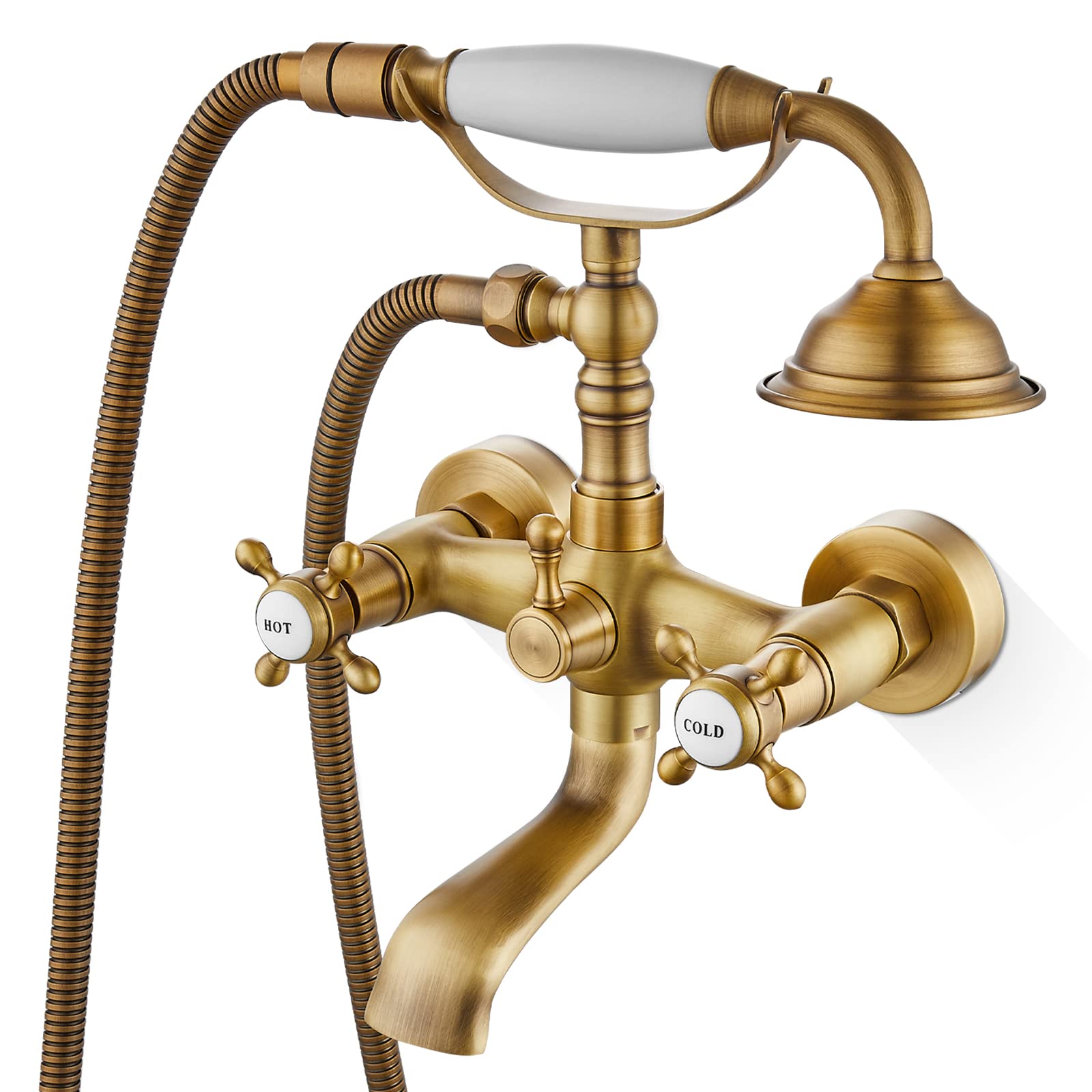 Antique Brass Wall Mount Bathtub Faucet with Handheld Shower Sprayer - Vintage Style Double Cross Handle Hot/Cold Water Mixer Tap - Perfect for Classic Bathroom Renovations & Spa-Like Showers
