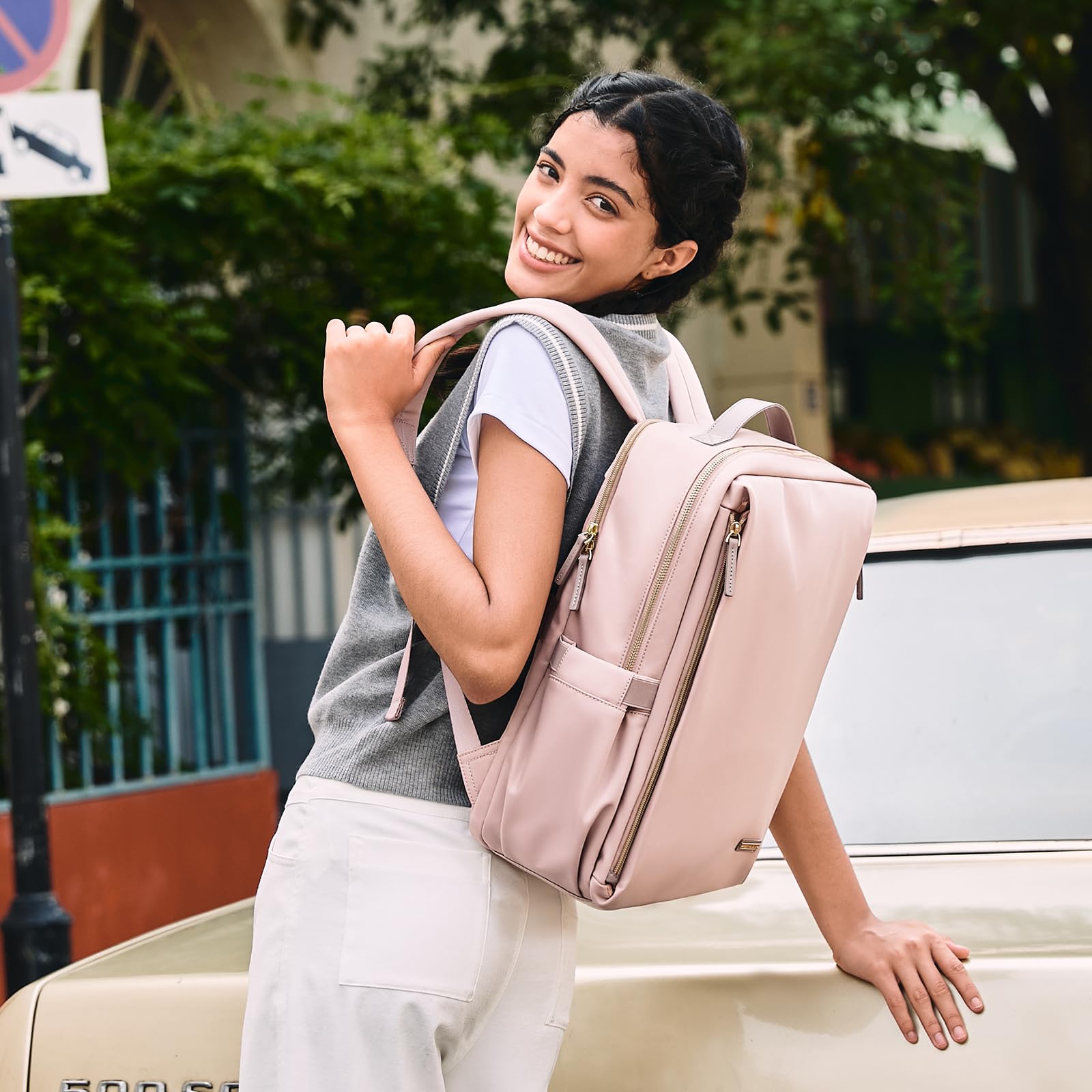 Stylish Women's Laptop Backpack Airline Approved - 15.6 Inch Notebook Backpack for Work, College & Travel - Multi-Functional Casual Daypack (Pinkish Grey) | Perfect for Business Trips, Campus Life & Daily Commute