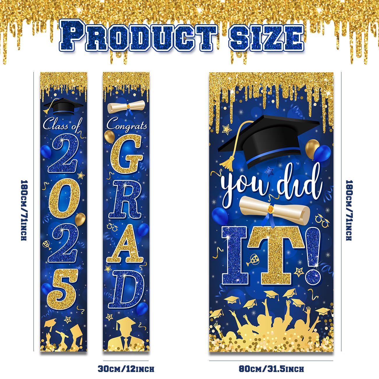 Blue and Gold Graduation Decorations for Class of 2025 - Congrats Grad Banner & You Did It Door Cover - High School & College Party Supplies - Perfect for Graduation Ceremonies, Parties & Photo Backdrops