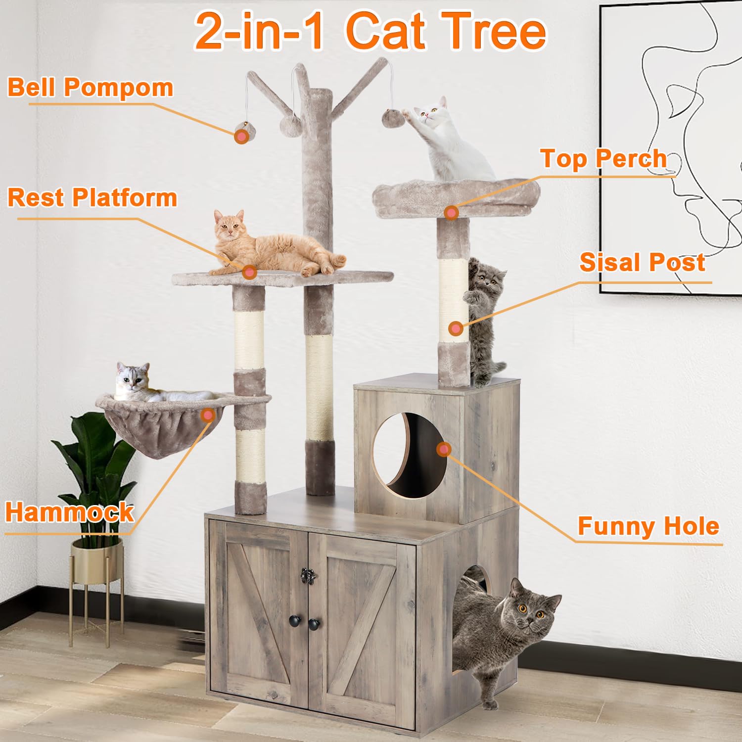 2-in-1 Modern Grey Cat Tree Tower with Hidden Litter Box Enclosure & Scratching Post - Multi-Level Cat Condo Furniture for Small Spaces & Home Decor