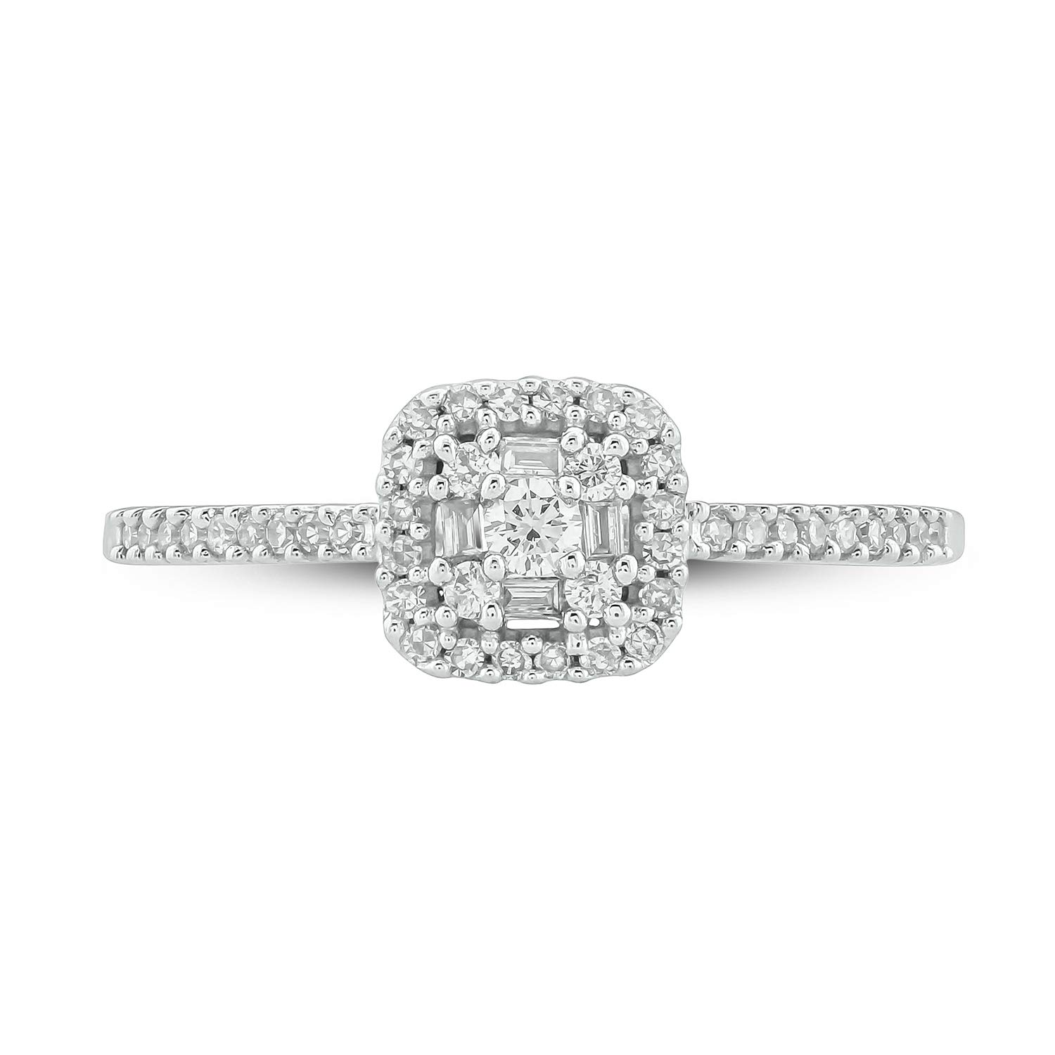 1/4 Carat Round & Baguette Diamond Halo Engagement Ring for Women - 10K Rose Gold, White Gold or Yellow Gold - Elegant Square Halo Wedding Ring with Baguette Accents - Perfect for Proposals, Anniversaries & Special Occasions