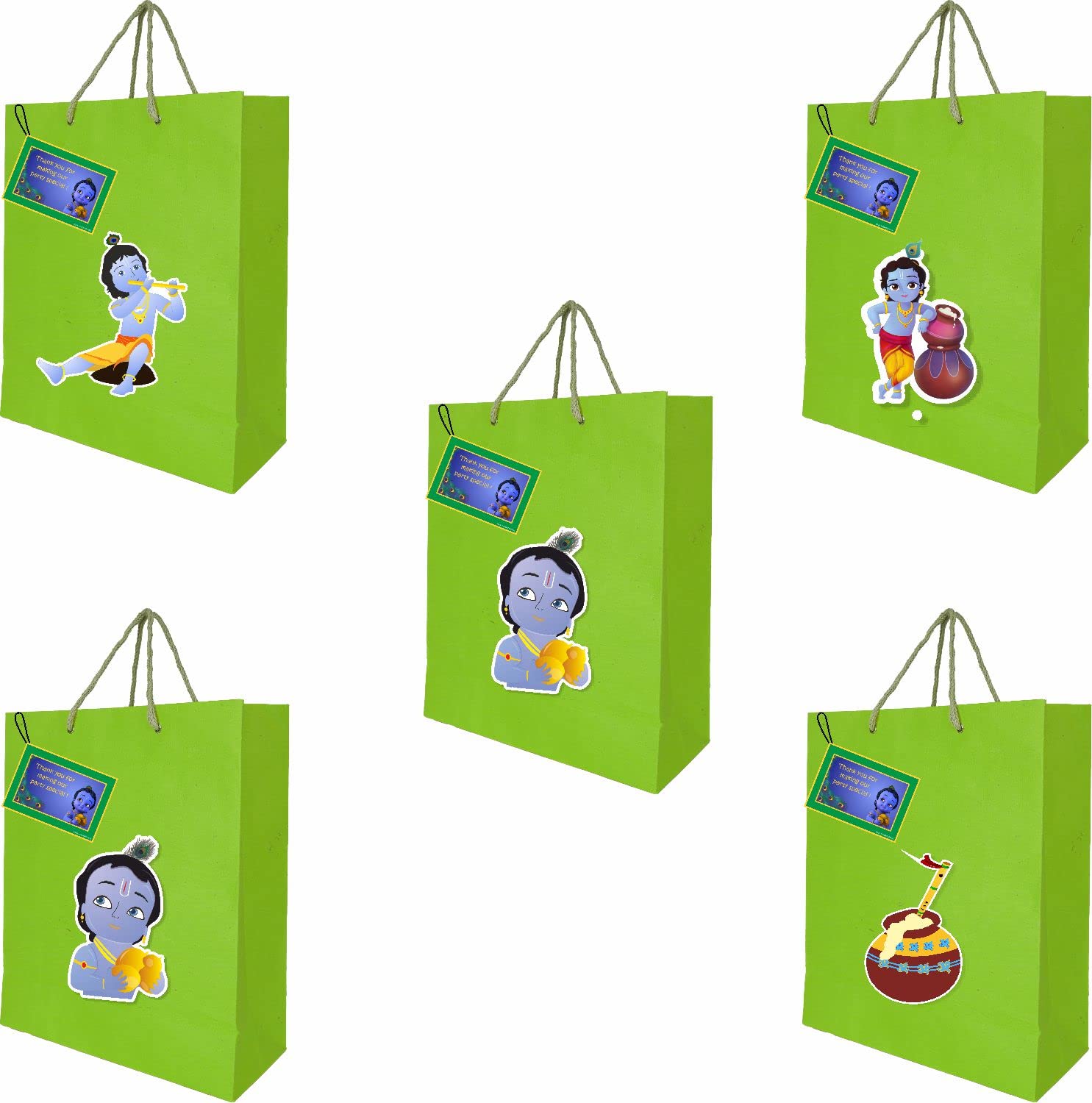 Premium Green Krishna Theme Gift Bags - Pack of 10 for Janmashtami & Krishna Jayanti Celebrations | Eco-Friendly Paper Party Favors for Hindu Festivals, Birthday Gifts & Spiritual Events