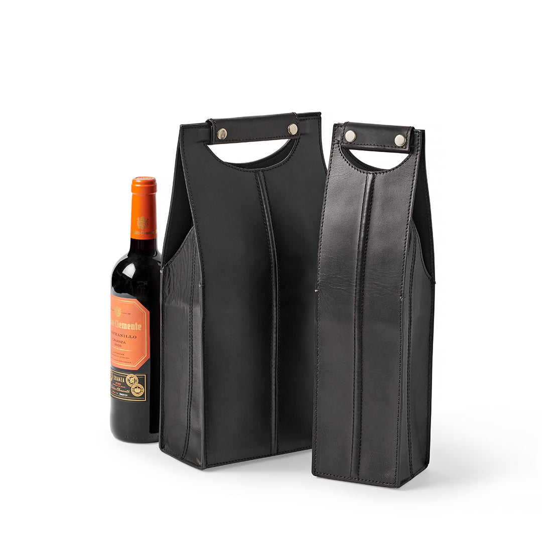 Premium Genuine Leather Wine Bottle Carrier - Double Black for Gifts, Picnics & Outdoor Dining | Elegant Wine Tote for 2 Bottles