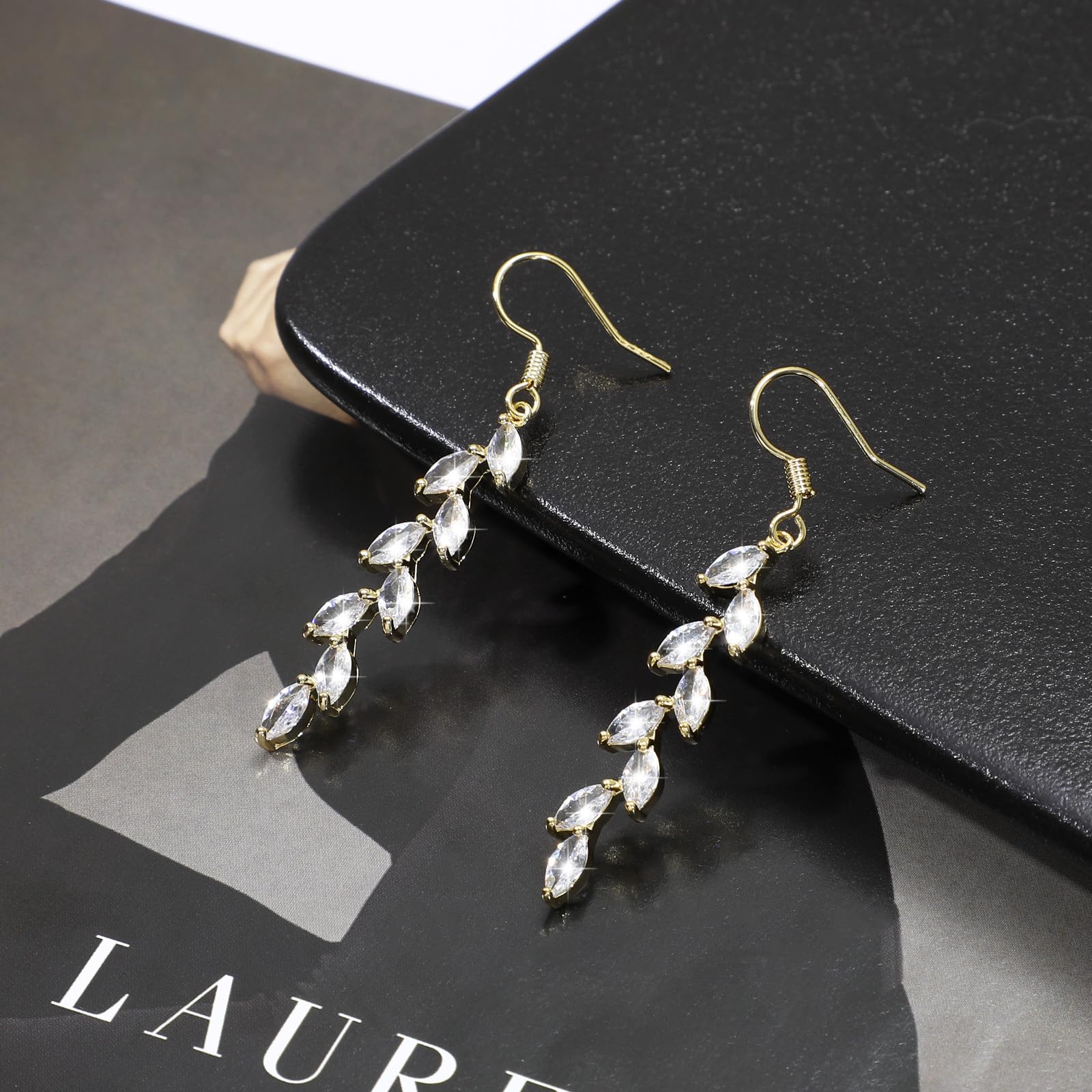 925 Sterling Silver Olive Leaf Crystal Dangle Earrings for Women - Elegant Wedding, Prom & Party Jewelry - Perfect for Bridal Accessories, Evening Events and Special Occasions