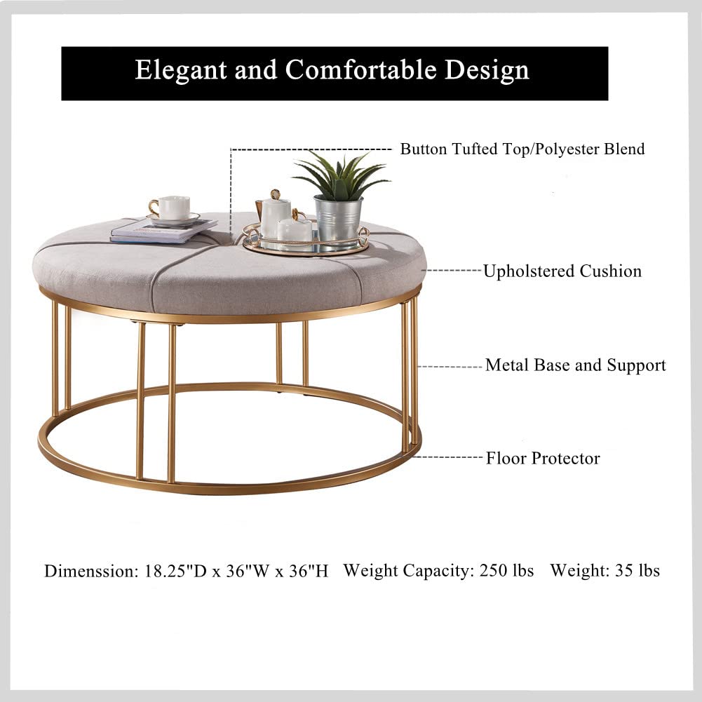 36 Inch Round Cocktail Ottoman Coffee Table - Upholstered Tufted Linen Footrest with Sturdy Metal Base for Living Room, Lounge & Home Decor | Perfect for Relaxing, Entertaining & Extra Seating