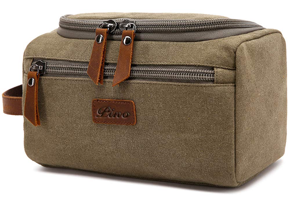 Premium Leather & Canvas Travel Toiletry Bag for Men & Women - Personalized Dopp Kit with Flip Cover, Shaving Organizer (Army Green) | Ideal for Business Trips, Camping & Gym Essentials
