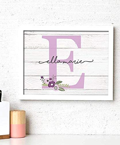 Personalized Girls Monogram Paper Art Print - Wood Nursery Wall Decor, Rustic Name Sign for Baby Room, Purple Floral Nursery Art, Dorm & Girls Bedroom Decoration - Perfect for Baby Showers, Birthday Gifts & Room Makeovers