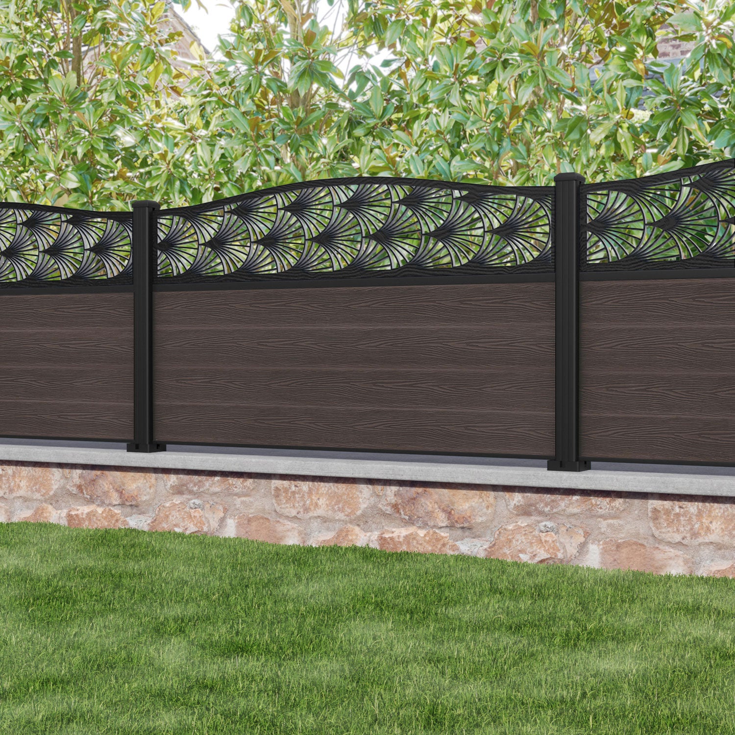 Classic Laurel Curved Top Fence Panel - Mid Brown Wood Privacy Screen with Aluminum Posts | Outdoor Garden Fence, Backyard Privacy Screen, Patio & Poolside Barrier