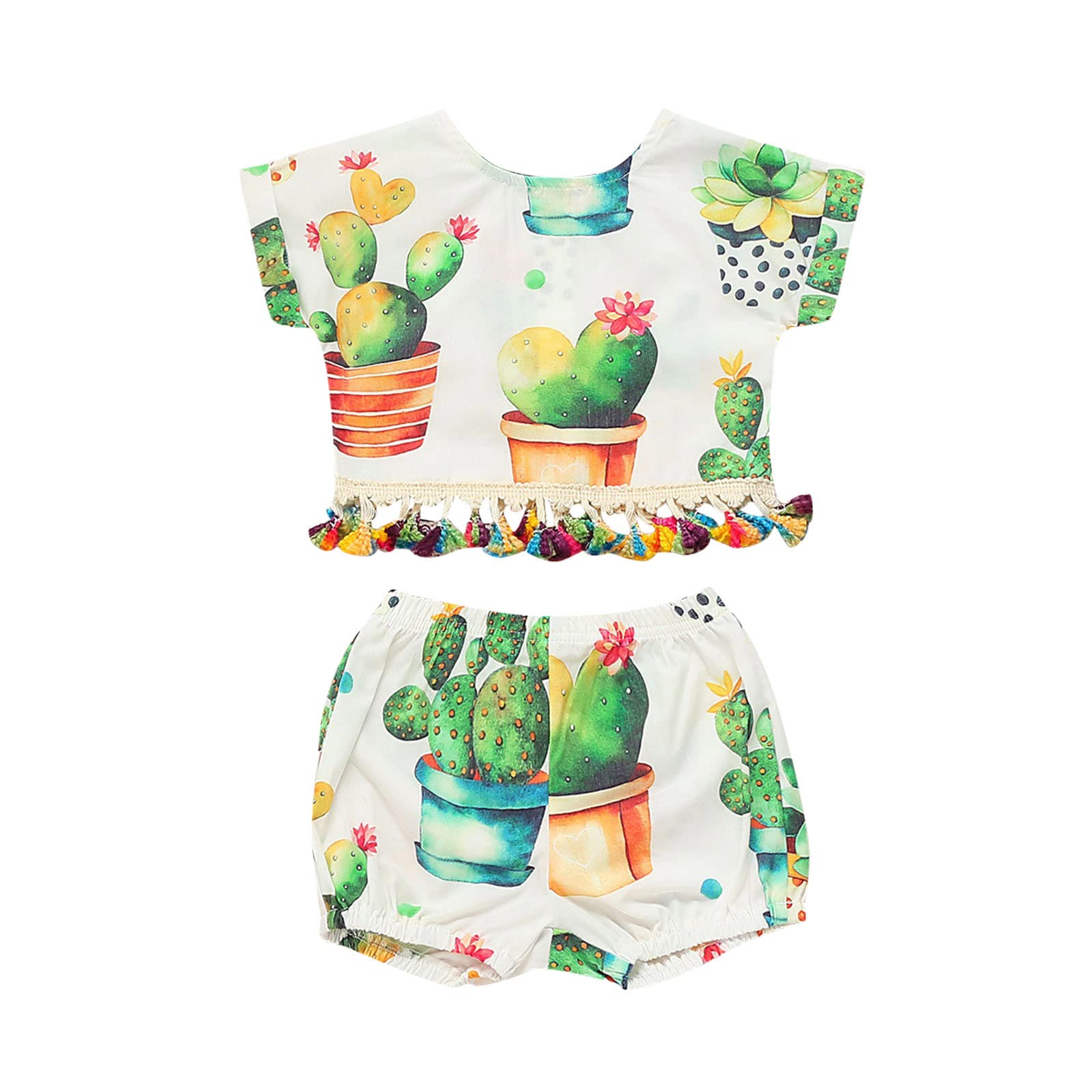 Cute Cactus Print Toddler Girls Short Sleeve T-Shirt & Shorts Set - Summer Casual Outfit for Baby Girls - Perfect for Playdates, Daycare & Outdoor Activities