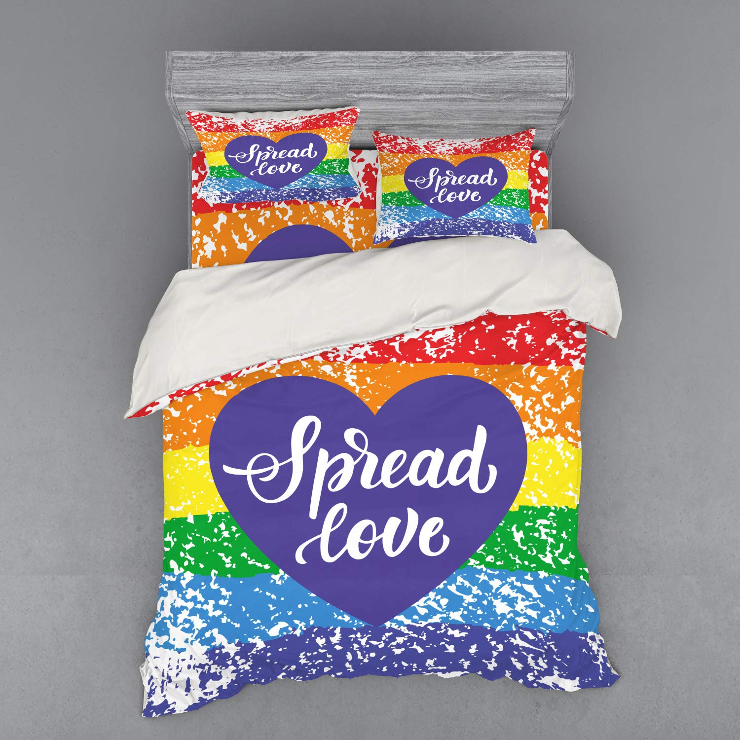 Ambesonne Pride Duvet Cover Set - 4 Piece LGBT Bedding Set with Shams & Fitted Sheet, Queen Size, Vibrant Multicolor Handwritten Heart Design for Gay Pride Parade - Perfect for LGBTQ+ Themed Bedrooms, Dorm Rooms & Pride Month Decorations