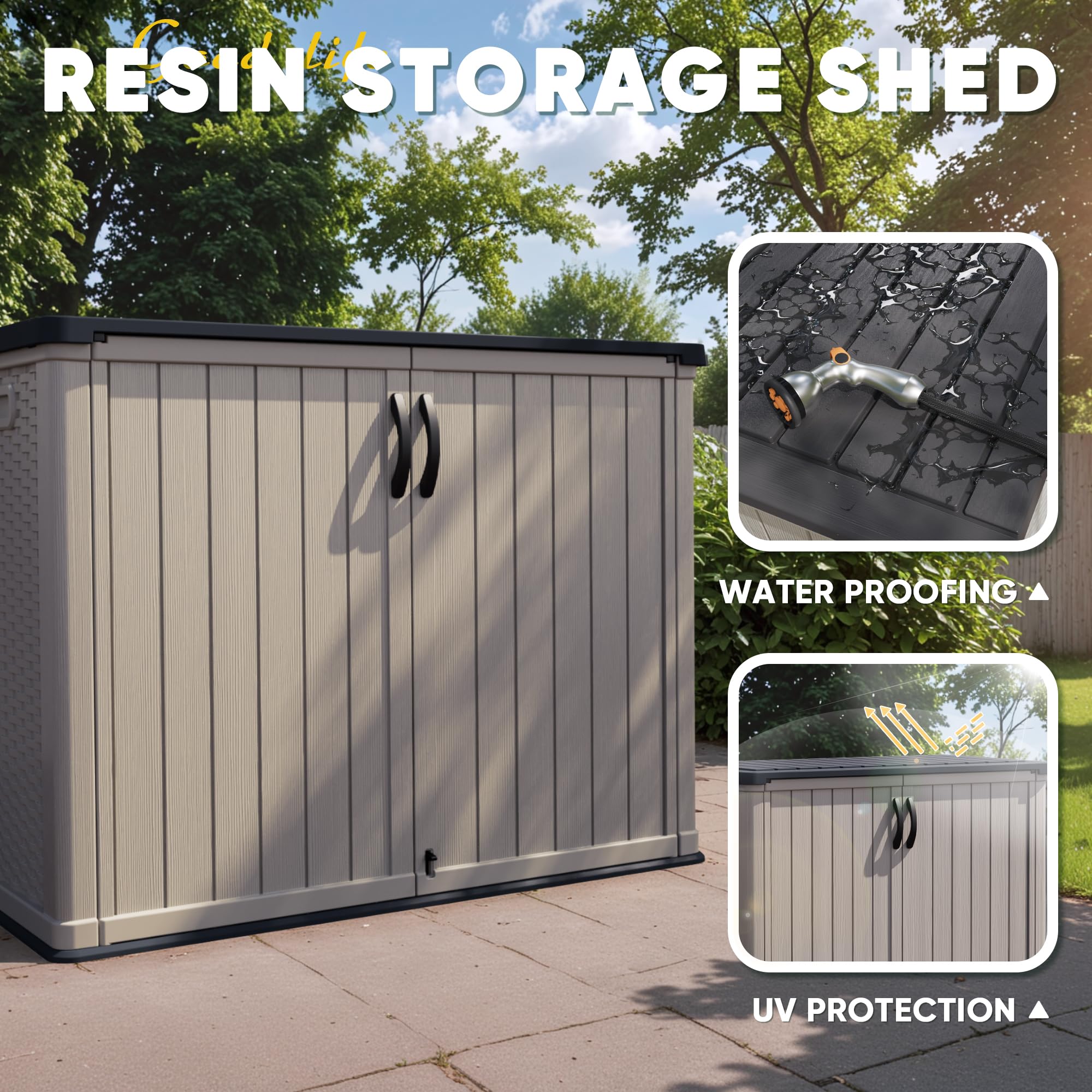 Devoko 26 Cu Ft Outdoor Storage Cabinet with Lockable Doors - Waterproof Horizontal Storage Shed for Patio, Garden Tools, Cushions & Accessories (Beige) | Perfect for Backyard, Garage & Poolside Organization
