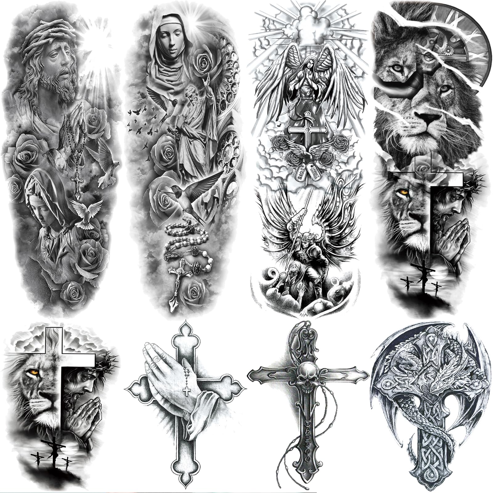 Religious Temporary Tattoo Sleeves for Men & Women - 4-Sheet Full Arm Christian Cross Tattoos with Jesus & God Designs + 4-Sheet Half Sleeve Praying Cross, Lion & Skull Fake Tattoos - Perfect for Church Events, Costume Parties & Body Art Enthusiasts