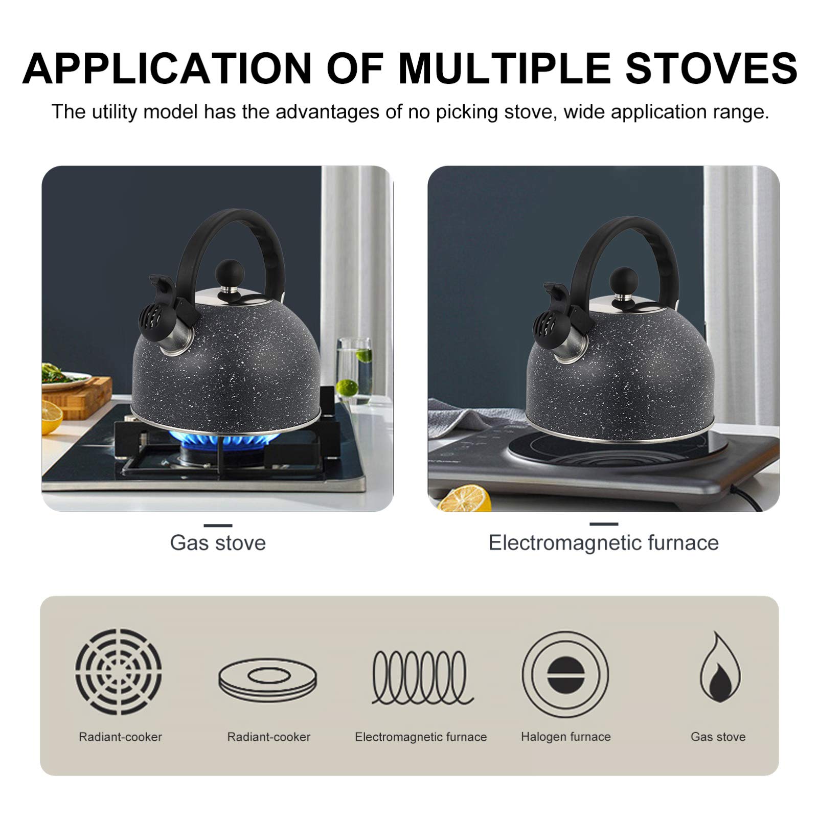 Premium Stainless Steel Whistling Tea Kettle - Hemoton 2.5QT Stovetop Pot Boil Water Kettle for Gas & Electric Stoves - Perfect for Home, Kitchen, Camping & Office Use