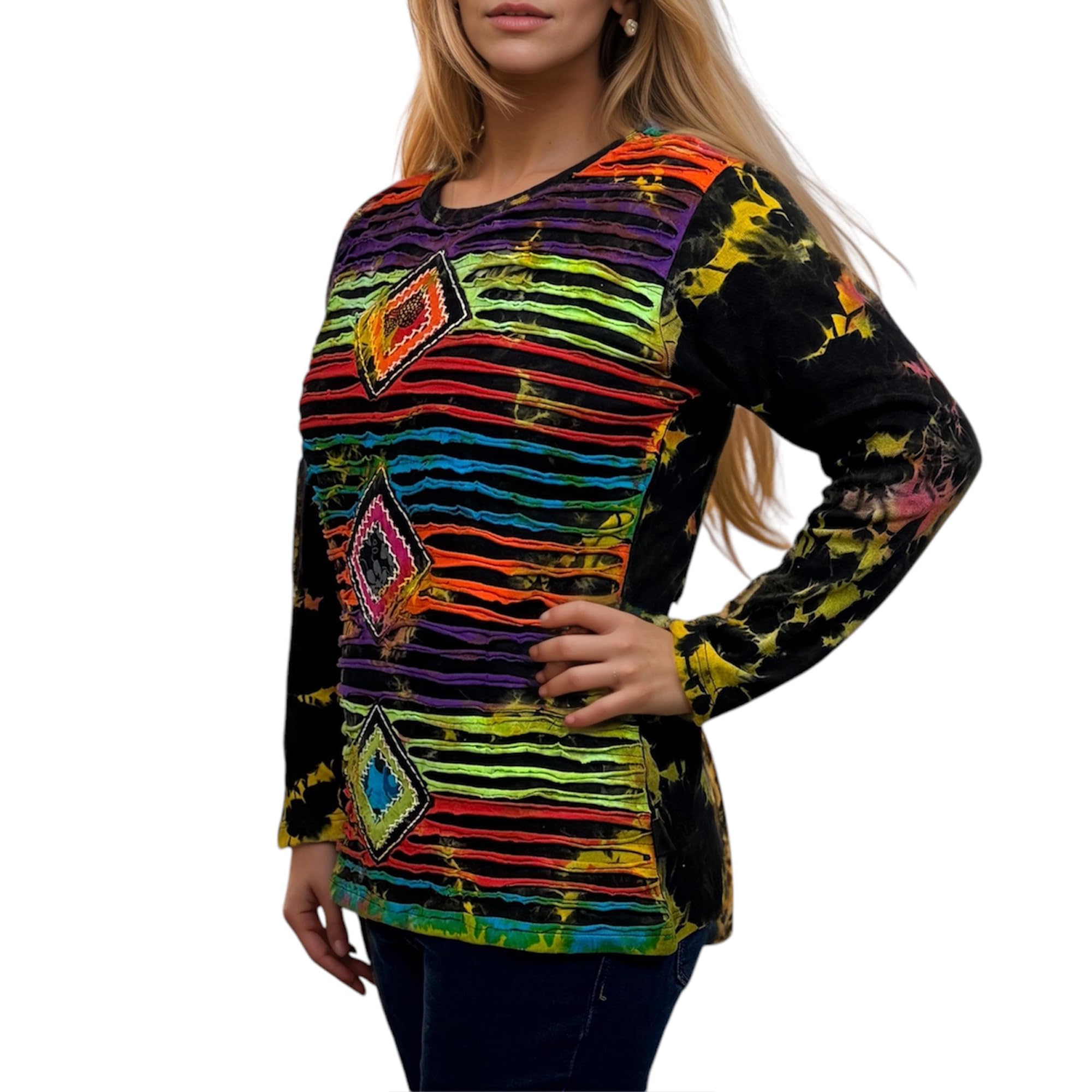Agan Traders 2025 Spring Women's Bohemian Tie-Dye Knit Jersey Patch Razor Cut Embroidered Long Sleeve Sweatshirt Top Blouse - Casual Chic Outfit for Music Festivals, Beach Days & Boho Style