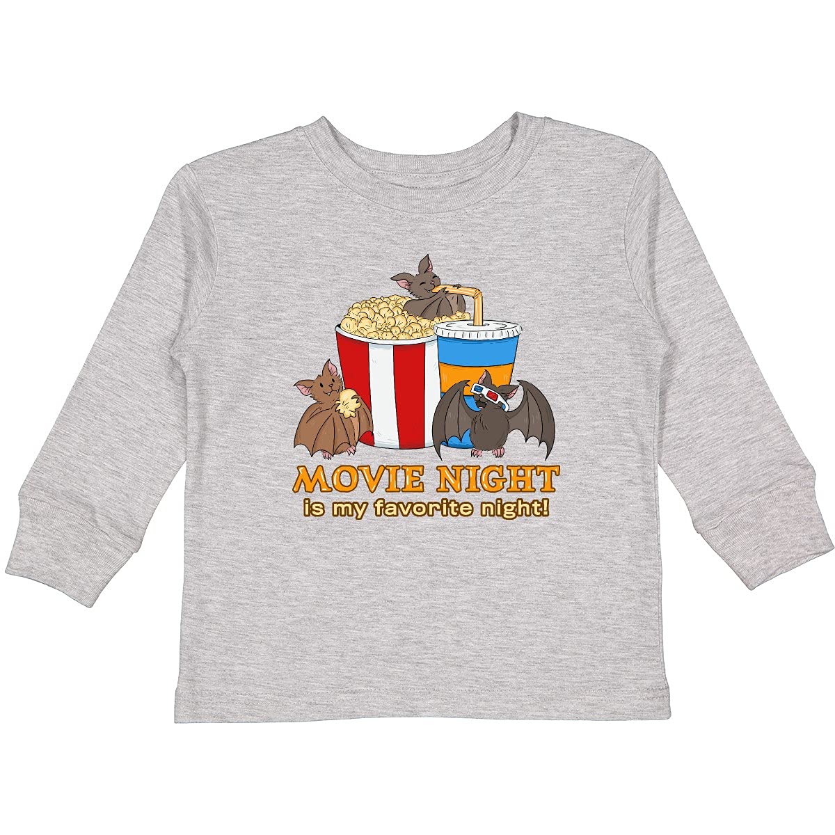 Movie Night is My Favorite Night Bats with Toddler Long Sleeve T-Shirt | Cute Family Matching PJs for Movie Marathon & Cozy Nights