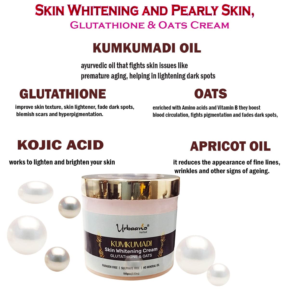 Urbaano Herbal Skin Brightening Kumkumadi Face Cream with Glutathione & Oats - Hydrating, Glowing & Replenishing Moisturizer for Dry Skin - 100g | Perfect for Night Routine & Daily Radiance Boost