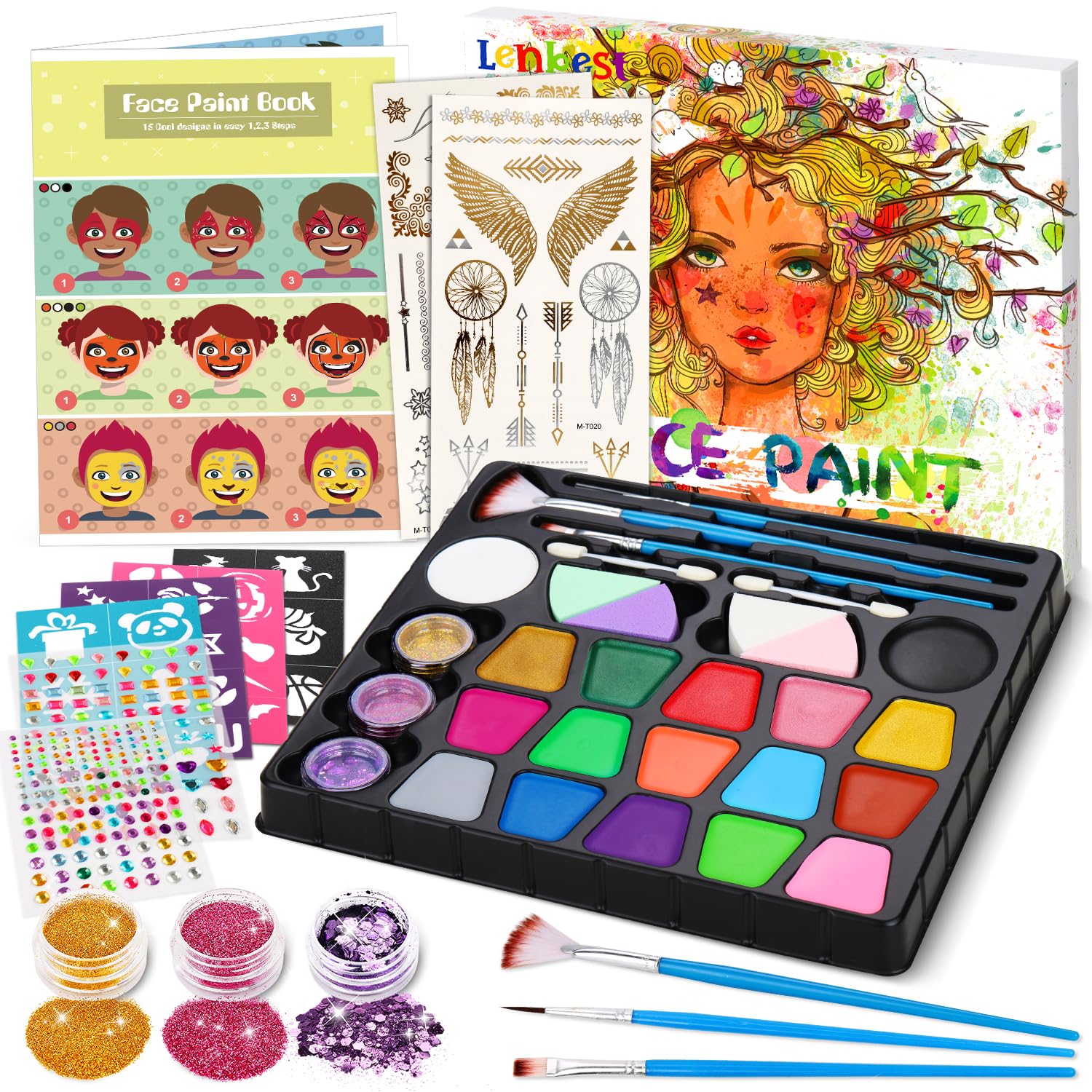 Lenbest Kids Face Paint Kit - 17 Halloween Face Paint Colors with 256 Glitter Diamonds | Non-Toxic, Safe for Children & Professional Use | Perfect for Halloween, Birthday Parties & Costume Events