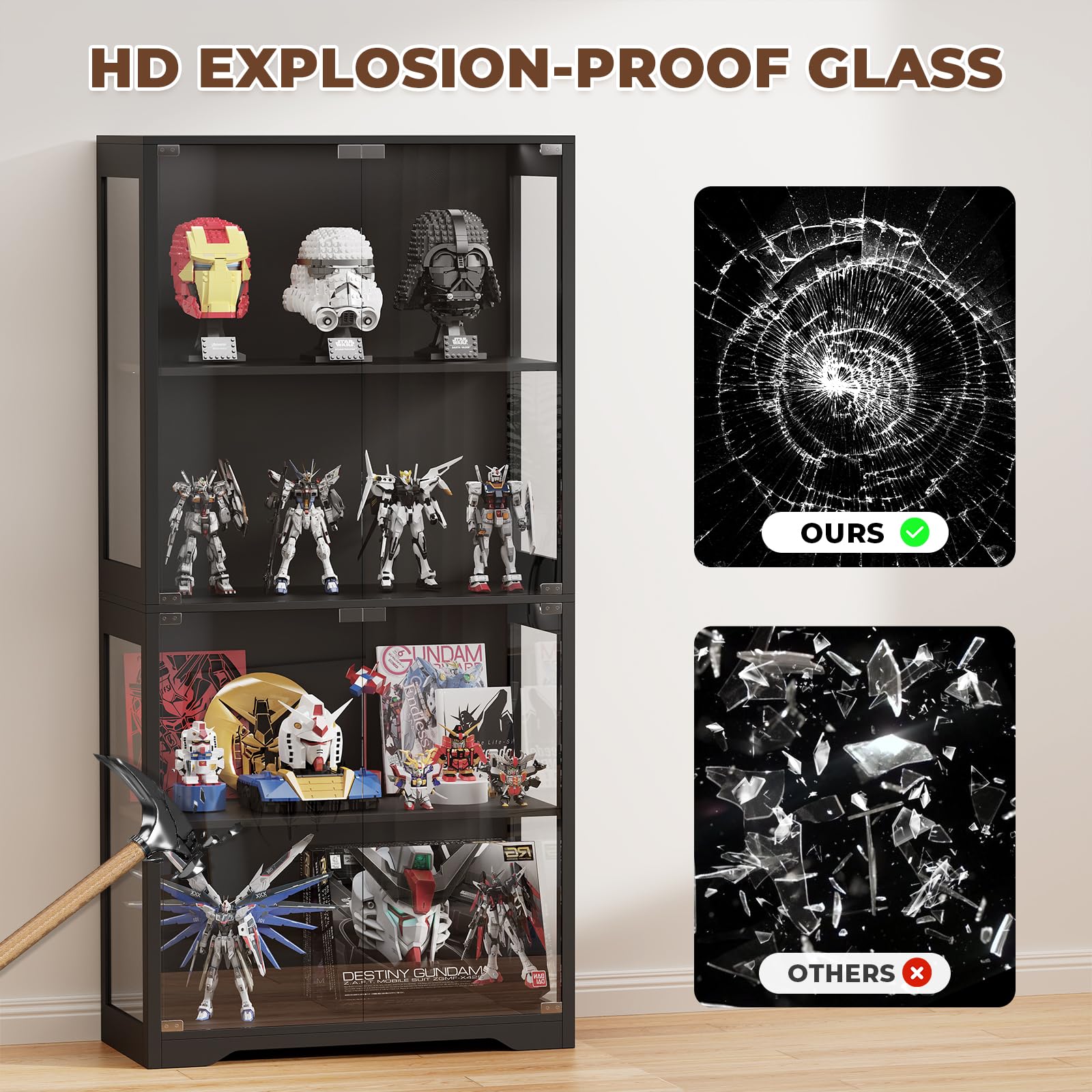 4-Tier Glass Display Cabinet with LED Lights & Motion Sensor - Black Curio Cabinet for Collectibles, China, Figurines | Perfect for Living Room, Bedroom, or Office Decor