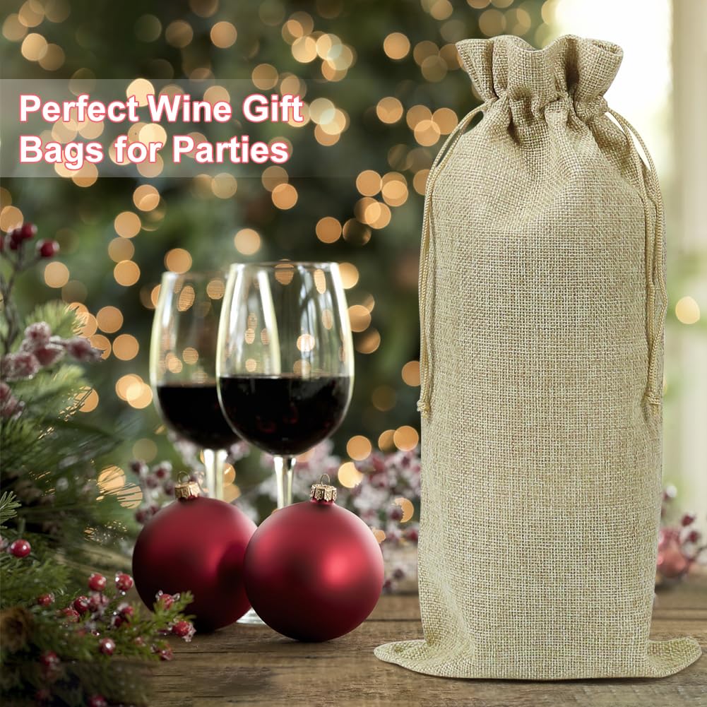 Shintop 10-Pack Brown Jute Wine Bags with Drawstring - 14 x 6.25 Inch Hessian Bottle Gift Bags for Wine, Champagne & Liquor - Perfect for Weddings, Parties & Corporate Gifts