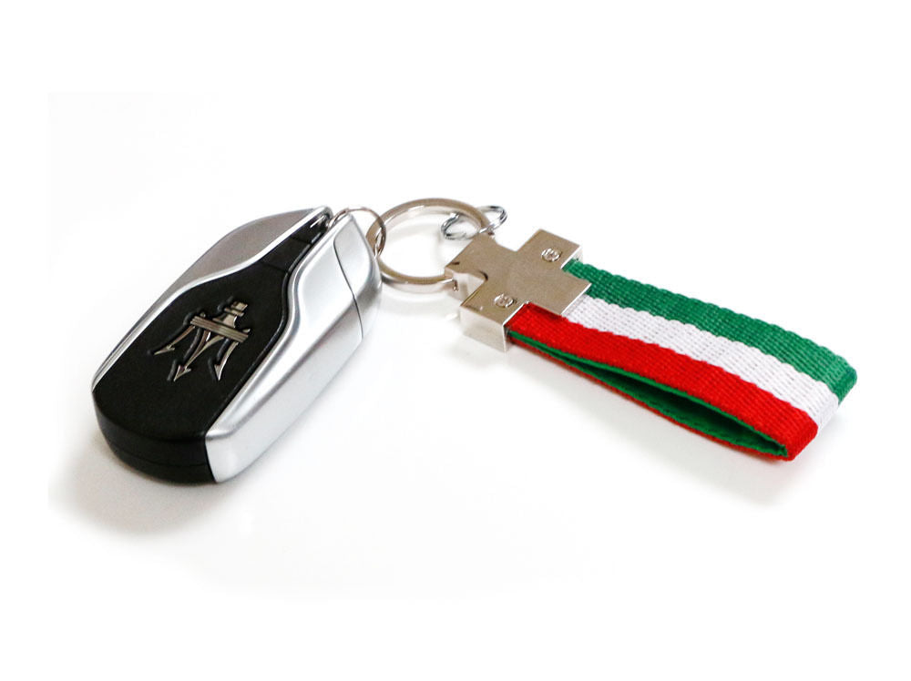 Italian Flag Stripe Nylon Keychain with Leather Key Fob - Euro Style Key Ring for Travel, Gifts & Everyday Use