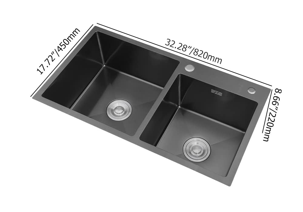 32 Inch Black Stainless Steel Double Bowl Kitchen Sink with Drain & Overflow - Drop-In Installation for Modern Homes, Perfect for Meal Prep & Dishwashing