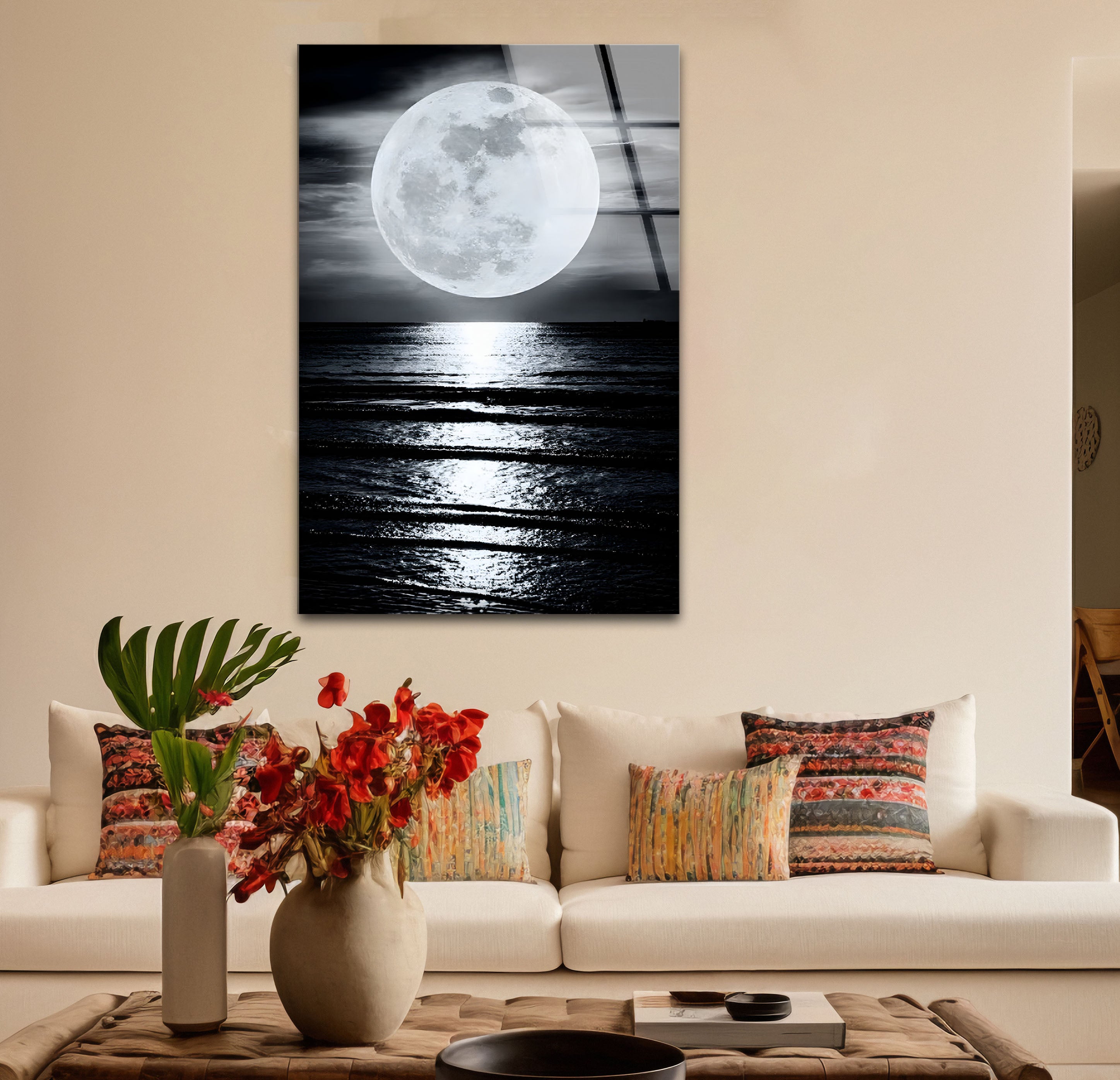 Black and White Moon Landscape Glass Wall Art - Modern Home Decor for Living Room, Bedroom & Office - Perfect Gift for Housewarming, Wedding & Birthday