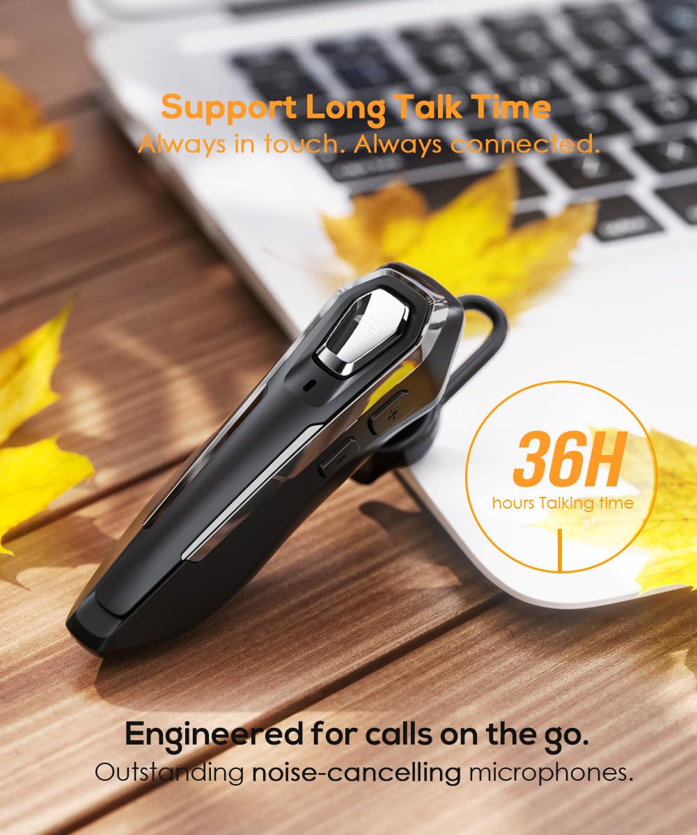 V5.4 Wireless Bluetooth Headset with Noise Canceling Mic - Single Ear Headphone for Driving, 36Hrs Talk Time, Hands-Free Calling - Perfect for Truckers, Office Work & Online Meetings (Black)