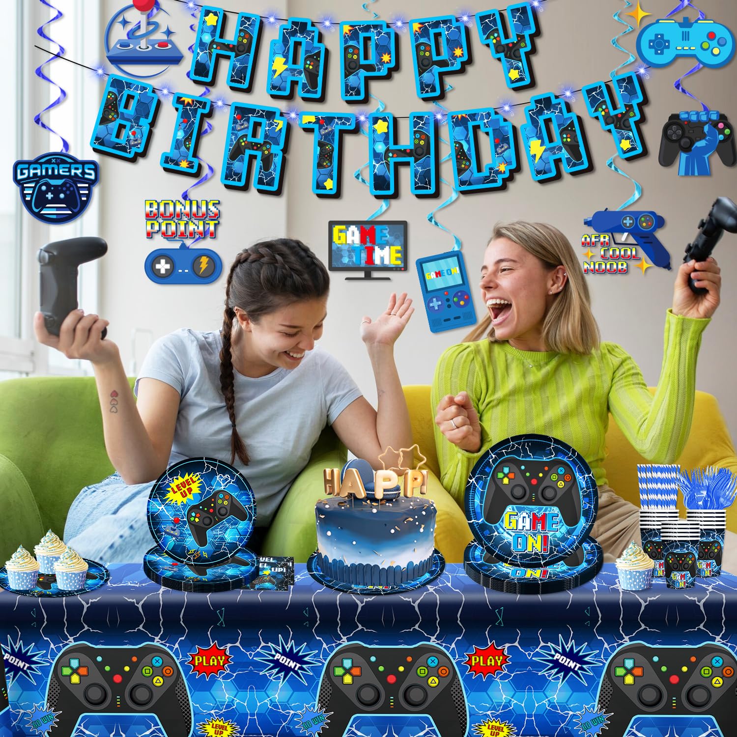 159-Piece Video Game Birthday Party Decorations Set - Includes Banner, Plates, Tablecloth & More - Gamer Themed Party Supplies for Boys - Serves 25 Guests - Blue - Perfect for Gaming Birthday Parties, Streamer Events & Esports Celebrations