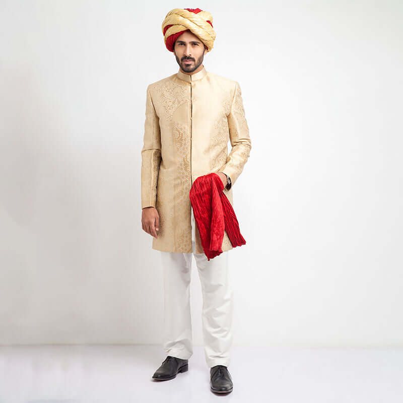 Arsalan Iqbal Champagne Gold Brocade Short Sherwani for Men | Elegant Indian Wedding Outfit | Perfect for Groom, Festivals & Special Occasions