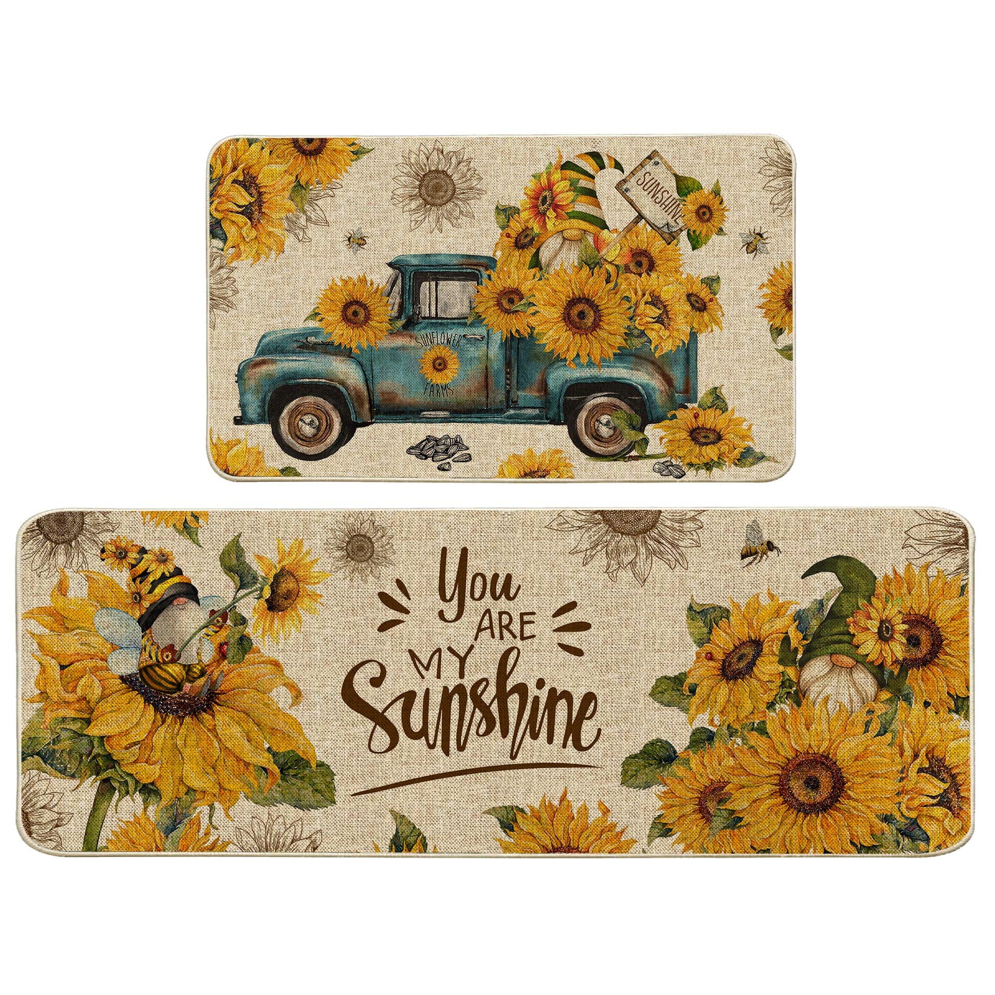 Hexagram Sunflower Non-Slip Kitchen Rugs Set of 2 - Anti-Fatigue Floor Mats (17x29 & 17x47 Inch) for Comfortable Cooking & Decor | Perfect for Farmhouse Kitchens, Holiday Decor & Sunshine-Themed Home Decor