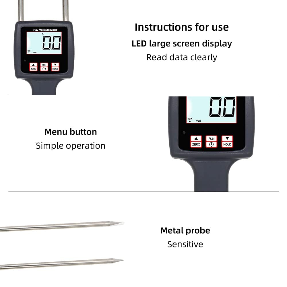 Digital Hay Moisture Meter Tester - 0-80% Range, 0.1 Resolution, ±0.5% Accuracy for Alfalfa, Pasture, Straw & More | Perfect for Farmers, Agriculture & Livestock Feed Quality Control