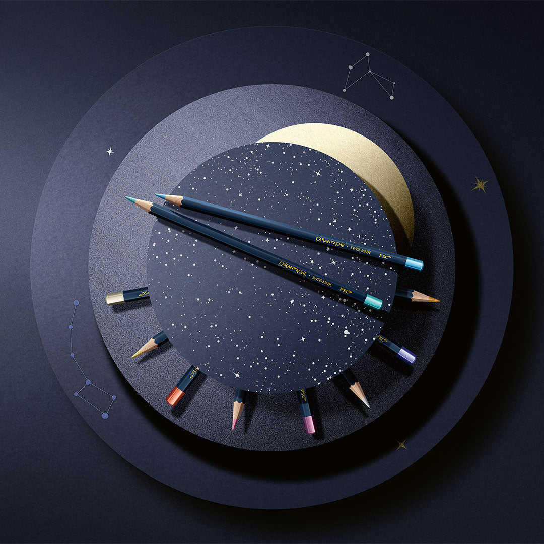 Premium Caran d'Ache 10-Piece Colored Pencil Set in Cosmic Blue - Perfect for Artists, Students & Professional Sketching