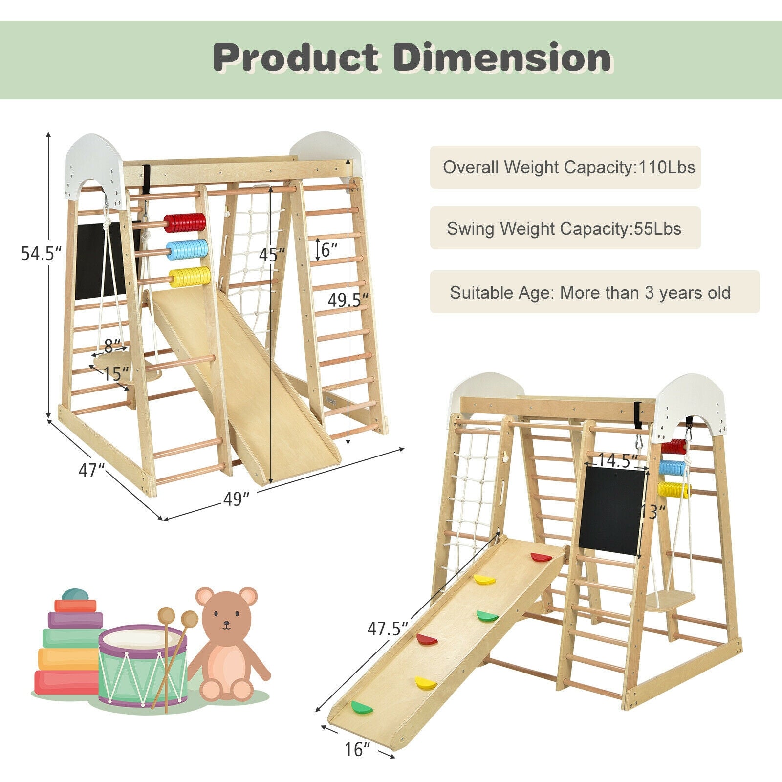8-in-1 Natural Wooden Indoor Playground Climber Set for Kids - Toddler Climbing Gym for Home, Daycare & Preschool Play Areas