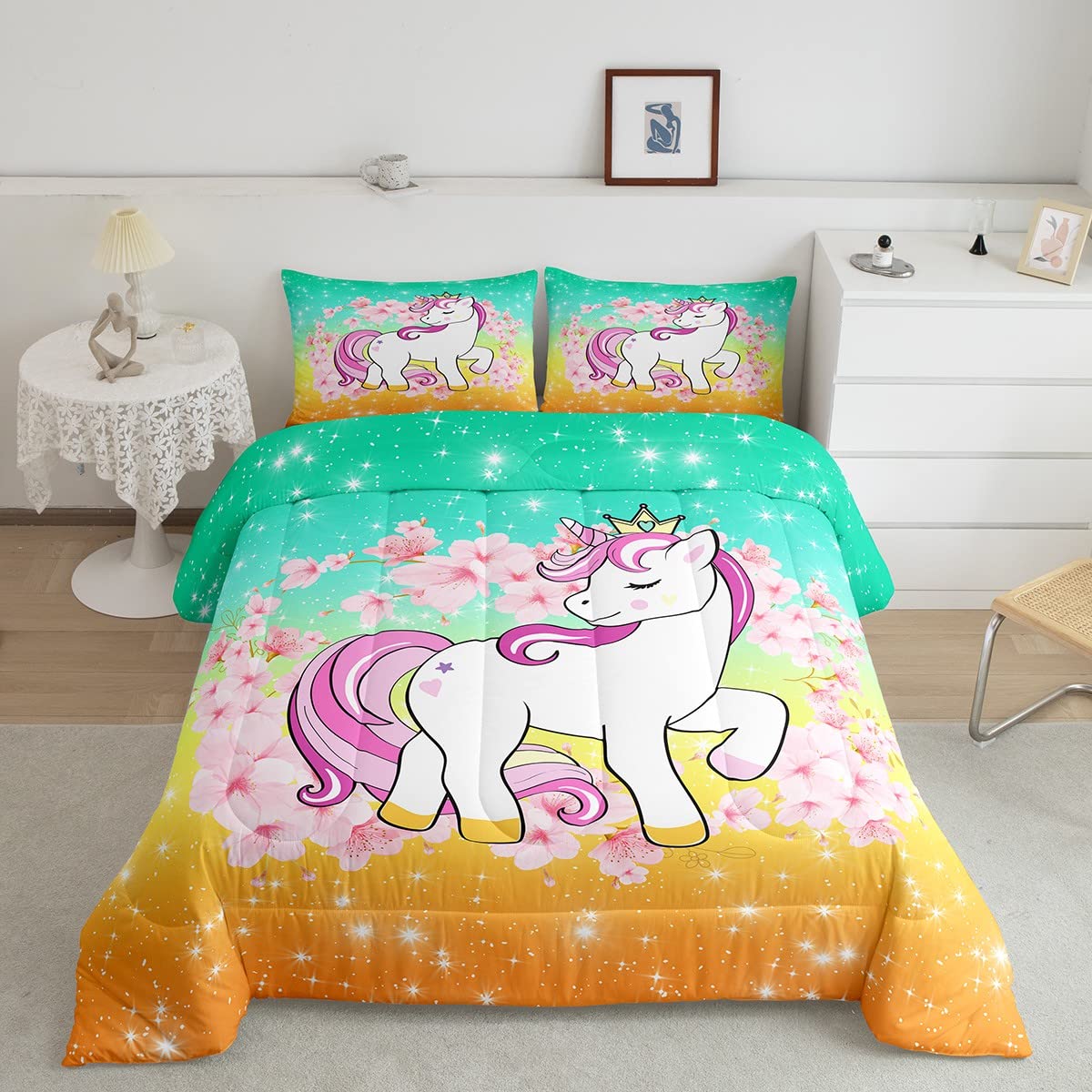 Unicorn Comforter Set Queen Size - Kawaii Horse Glitter Gradient Sequins Bedding Set for Girls - Cherry Blossom & Galaxy Starry Sky Design - Farmhouse Animal Theme in Green & Orange - Perfect for Teen Bedrooms, Dorm Decor & Gift Ideas