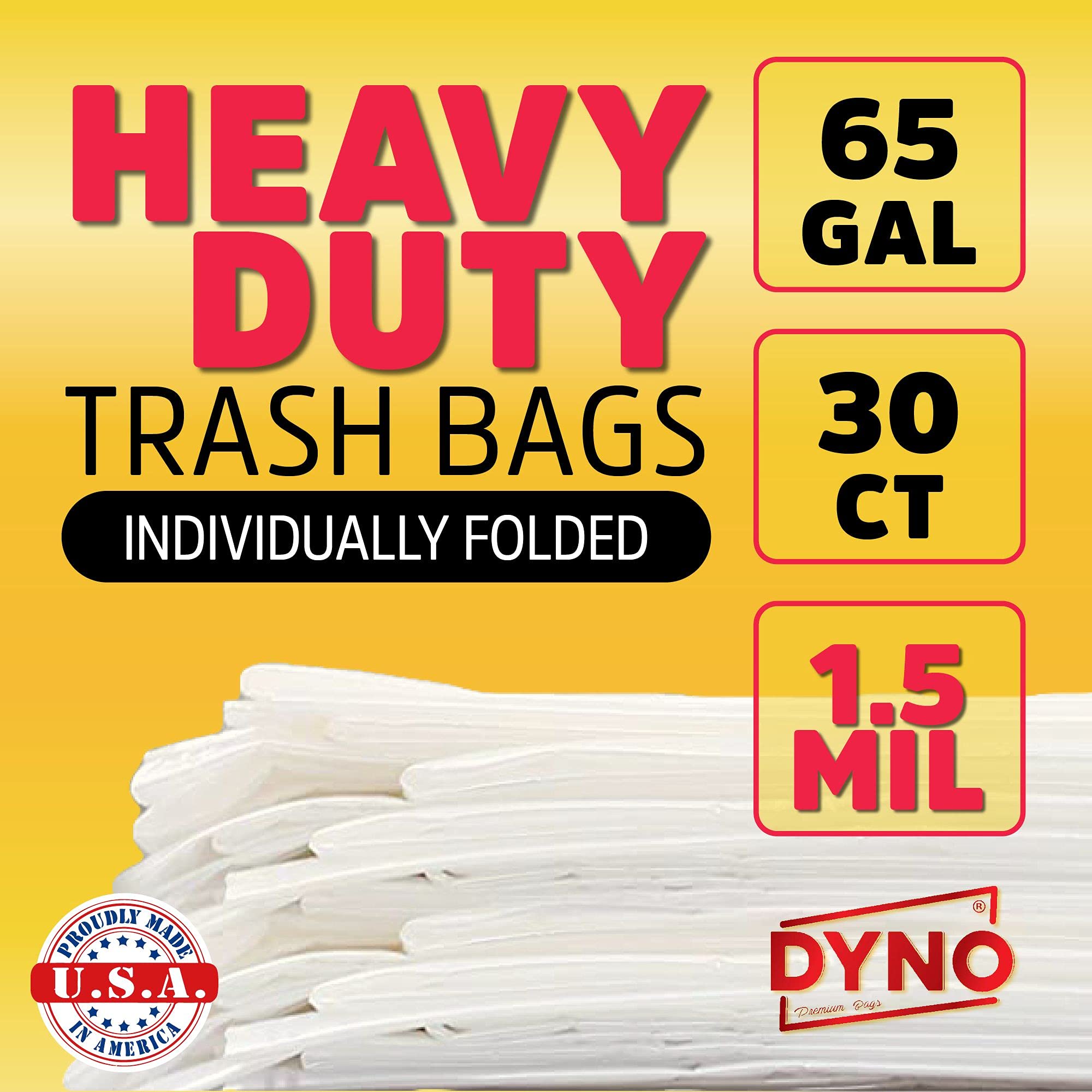**65 Gallon Heavy Duty Trash Bags - 1.5 Mil Clear, 30 Count - Industrial Strength Large Trash Bags - Individually Folded - Made in USA - Perfect for Commercial, Industrial, and Home Use**