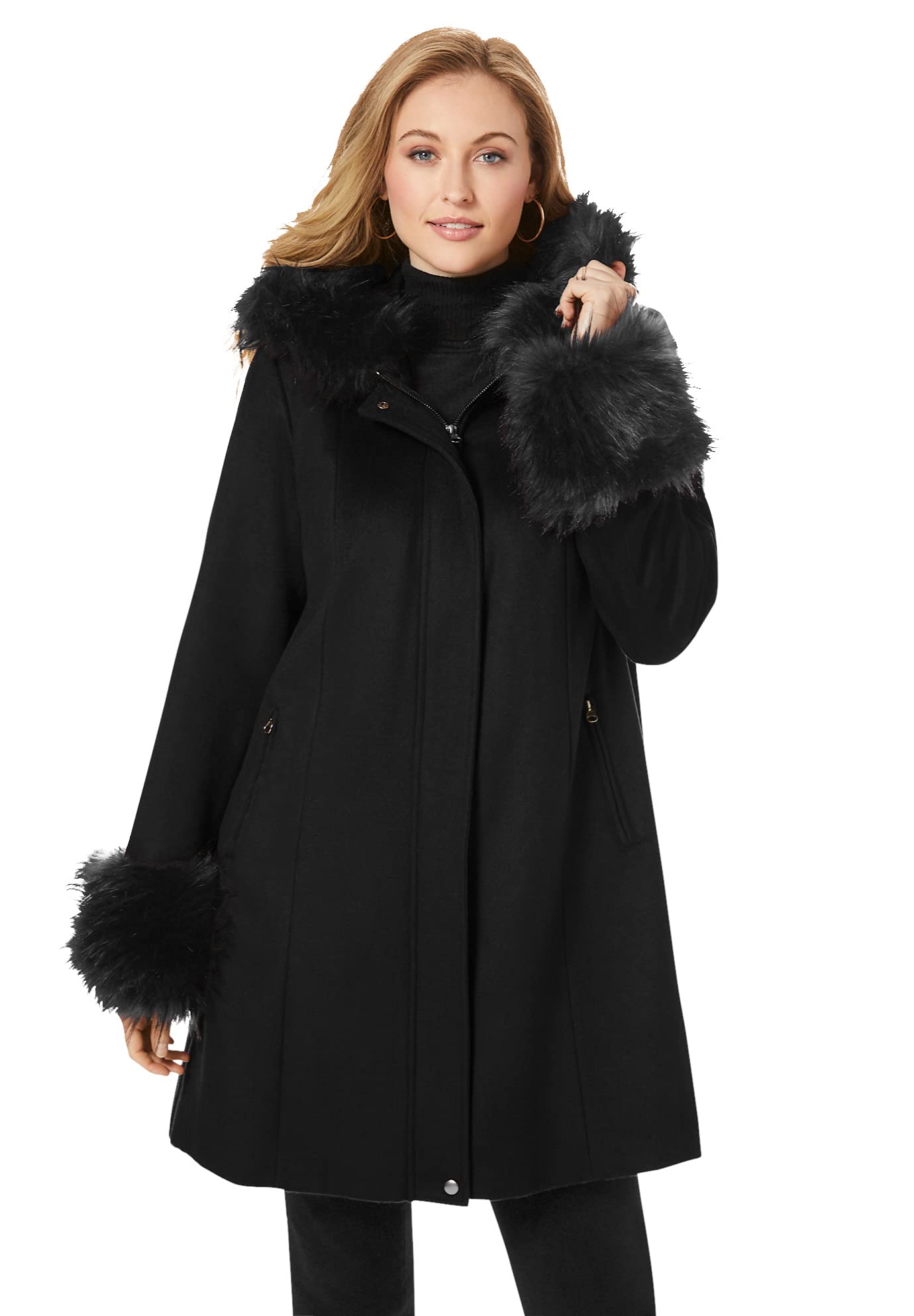 Jessica London Women's Plus Size Hooded Faux Fur Trim Coat - Warm Winter Outerwear for Casual & Dressy Occasions