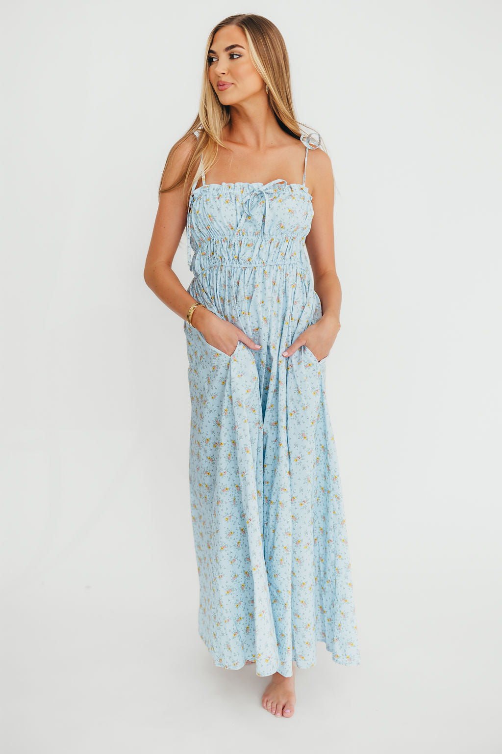 Powder Blue Lila Ruched Floral Maxi Dress for Women - Elegant Summer Beach Wedding Party Dress