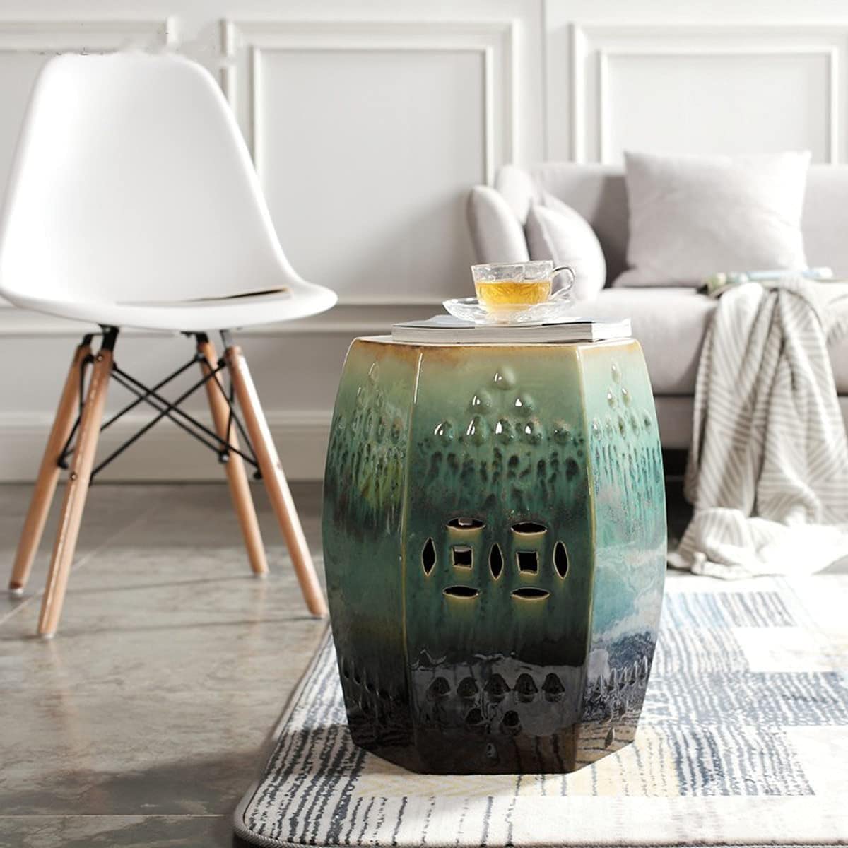 Chinese Style Porcelain Hollow Ceramic Stool - Vintage Footrest, Shower Stool, Step Stool with Square Hole Design - Perfect for Home Decor, Bathroom, and Workspace Use