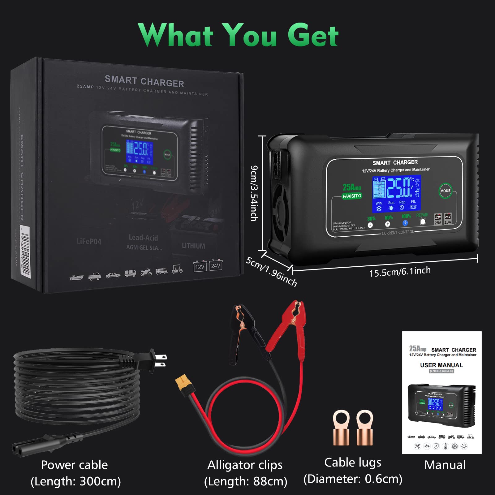 25Amp Smart Lithium Battery Charger - 12V/24V LiFePO4 & Lead-Acid (AGM/Gel/SLA) Charger with Maintenance Mode - Trickle Charger & Desulfator for Cars, Boats, Motorcycles, Lawn Mowers - Perfect for RV Camping & Marine Battery Maintenance