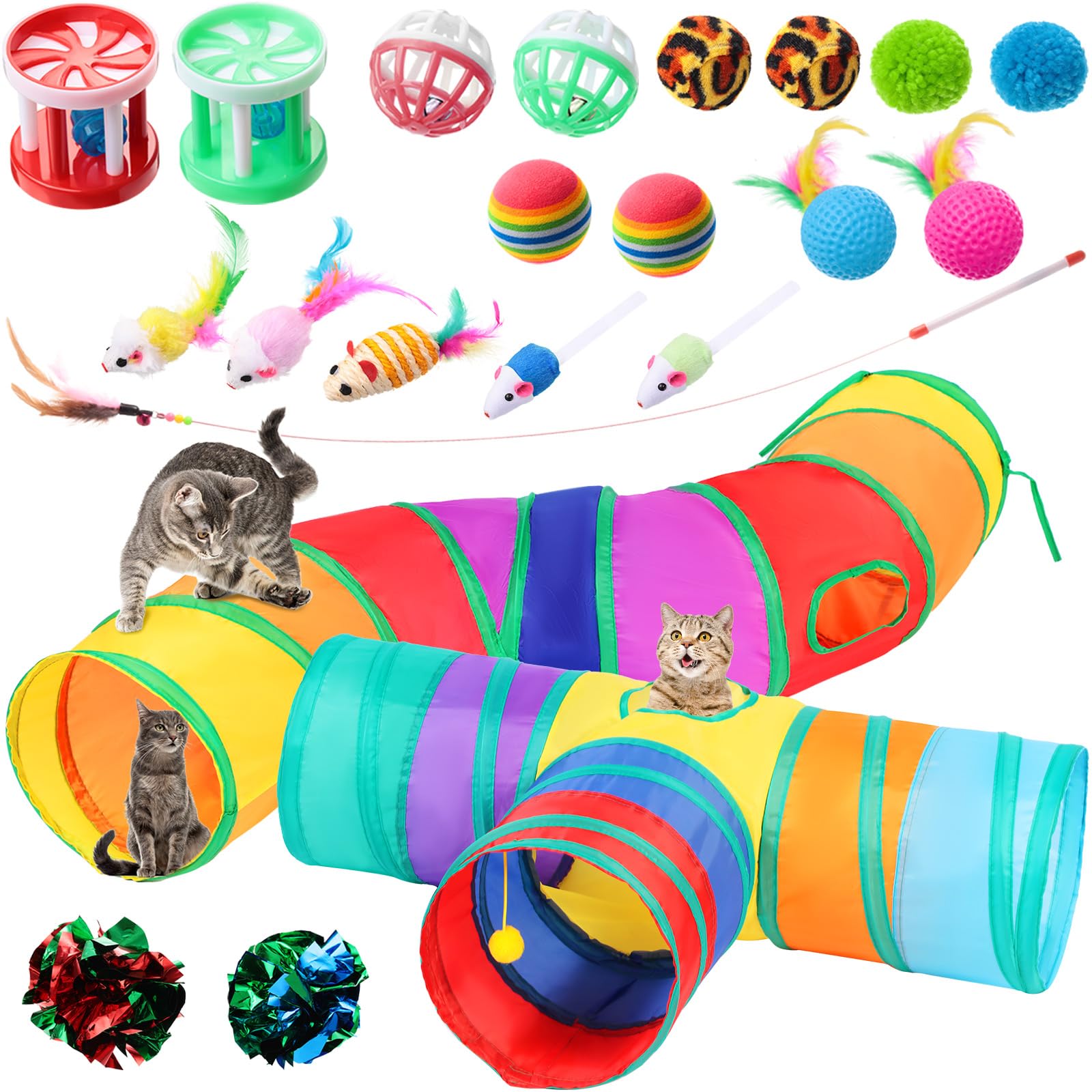 Wettarn 22-Piece Cat Toys Set with 2 Collapsible Tunnels & 20 Interactive Kitten Toys - Feather Mice, Crinkle Balls, Tubes for Indoor Cats & Puppies (Colorful) - Perfect for Playtime, Exercise & Bonding
